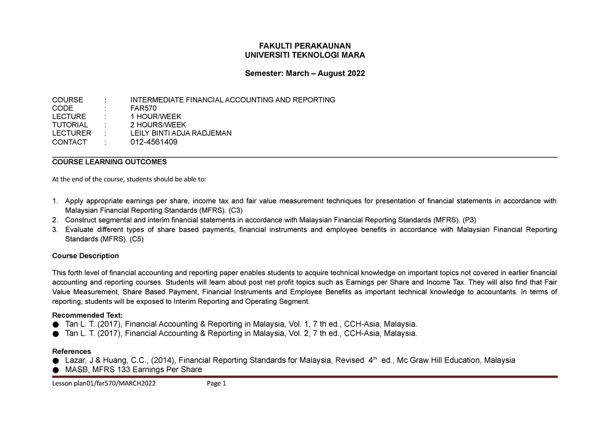 Lesson Plan FAR570 March August 2022 - FAKULTI PERAKAUNAN UNIVERSITI ...