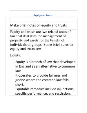 Equity - Equations Full Notes - Equity And Trusts. Make Brief Notes On ...