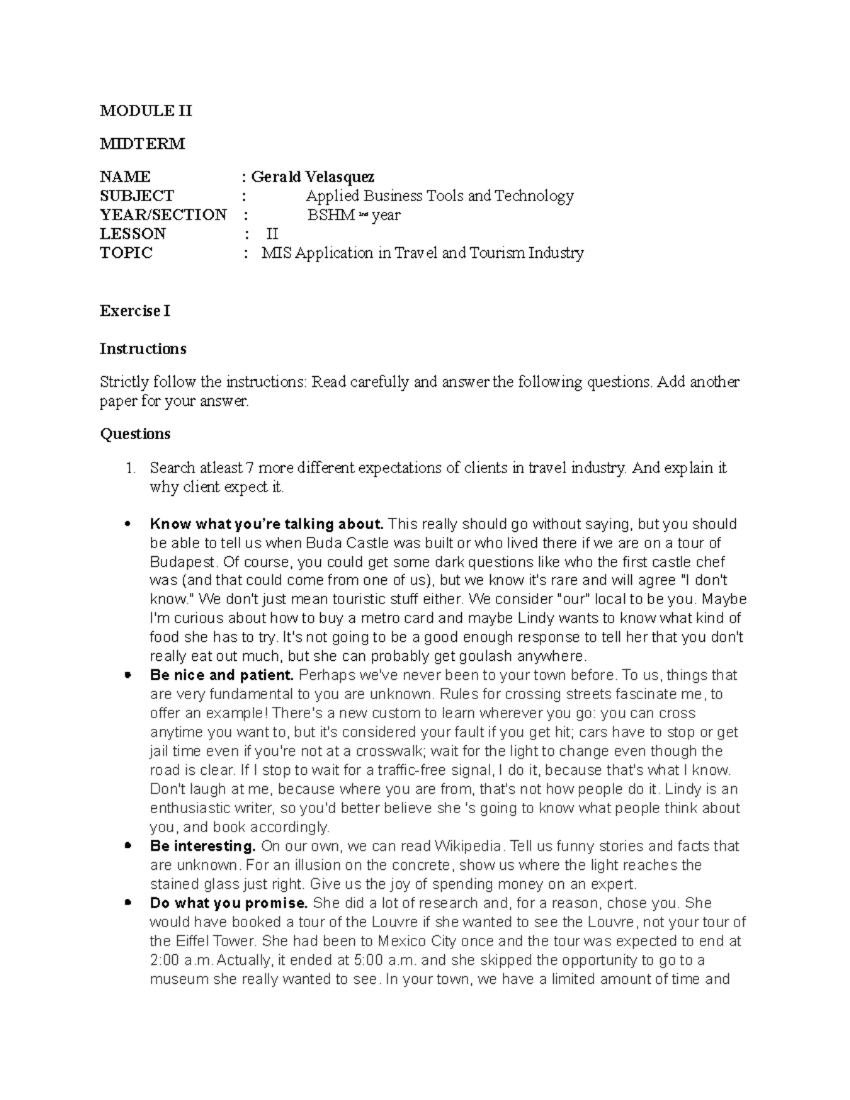ABTT Exercise 1 Lesson 2 - MODULE II MIDTERM NAME : Gerald Velasquez ...