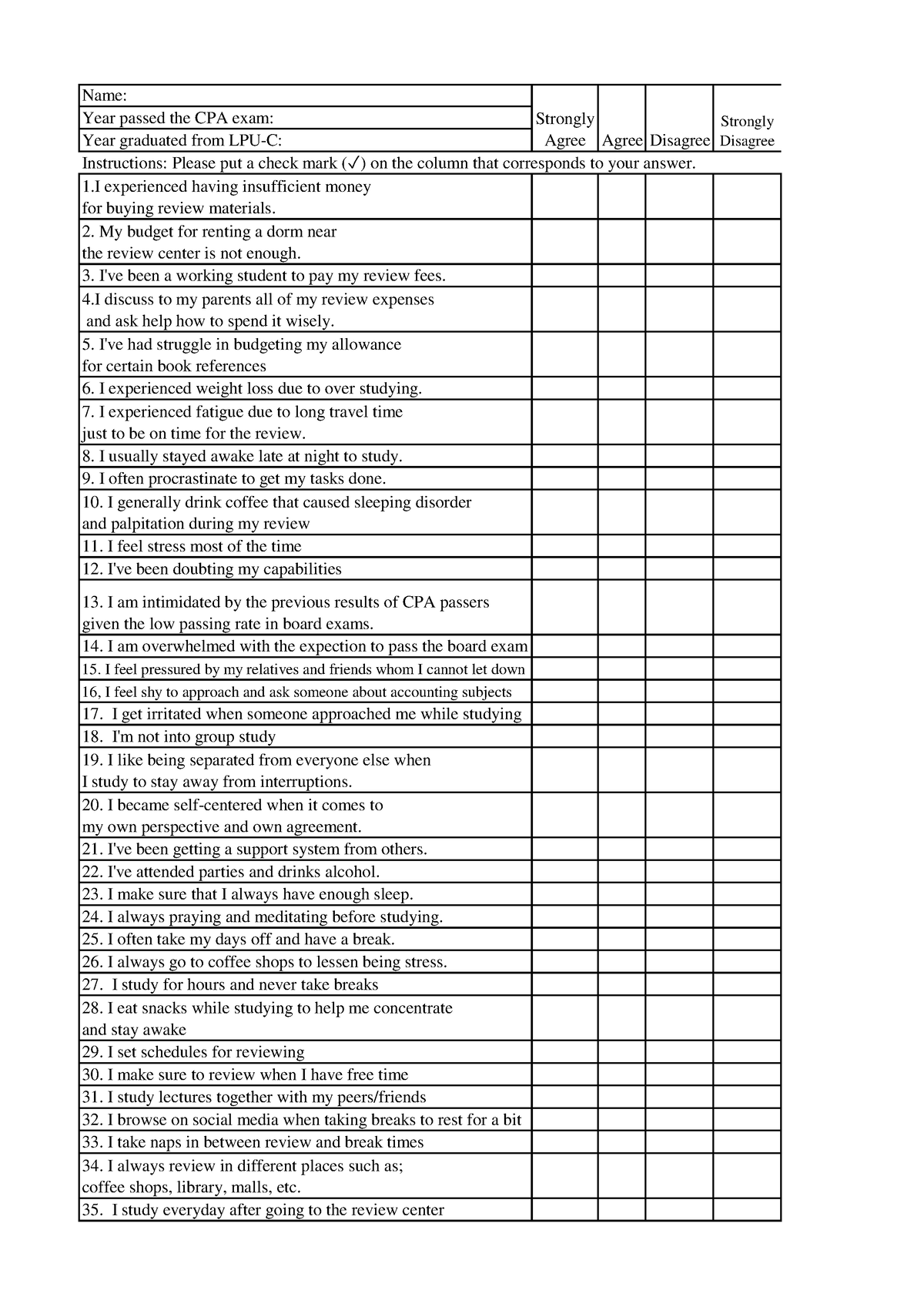 Questionnaire 2 Struggles Coping CPAs LPU - Name: Year passed the CPA ...