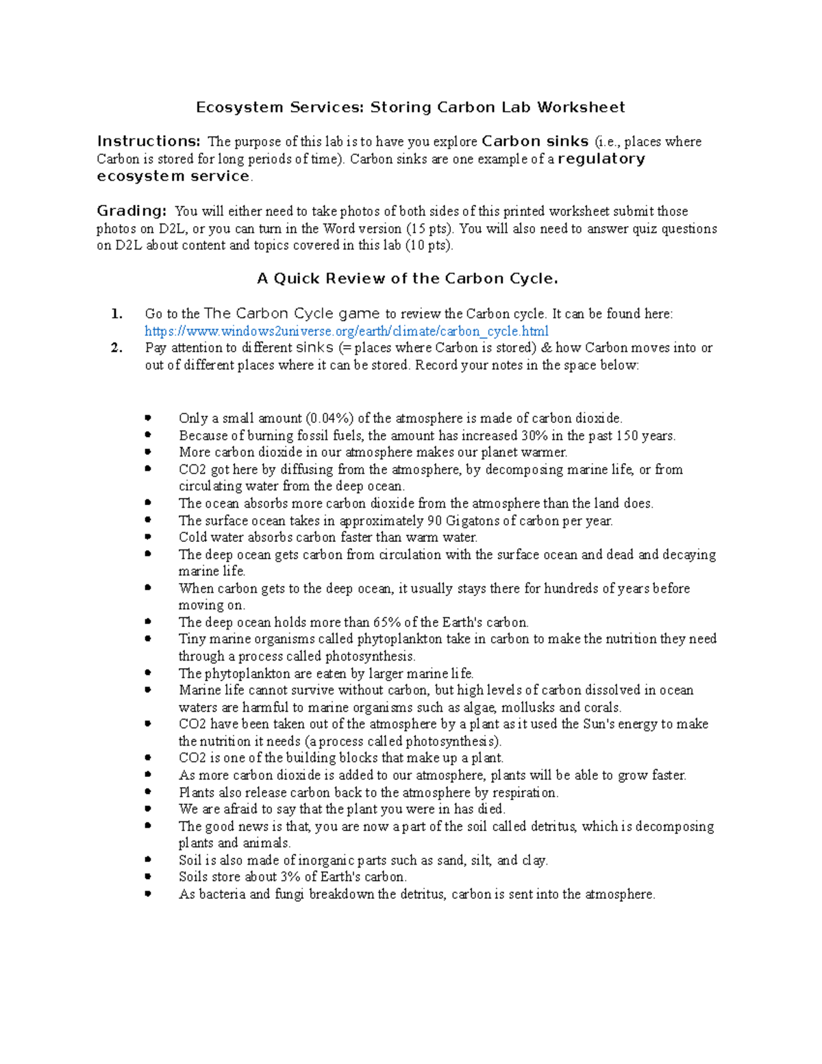 Lab 5 Ecosystem Services completed Ecosystem Services Storing Carbon