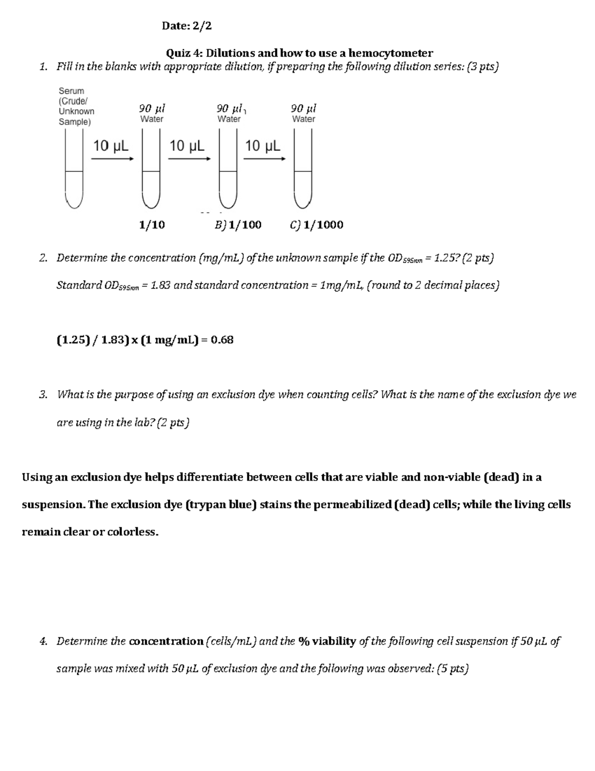 Dilutions and how to use a hemocytometer Lab Handout 90 μl 90 μl 1/10