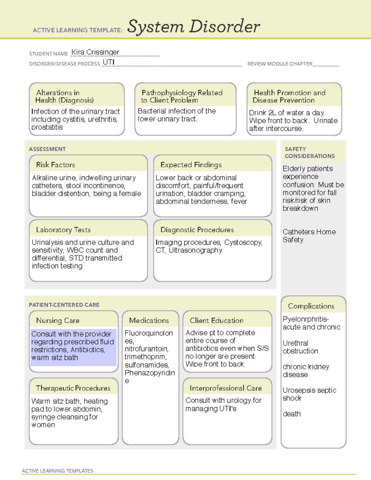 ATI System Disorder UTI Template ACTIVE LEARNING TEMPLATES System 