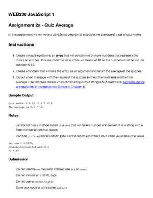Assignment 2B - averaging the sum - WEB230 JavaScript 1 Assignment 2b ...