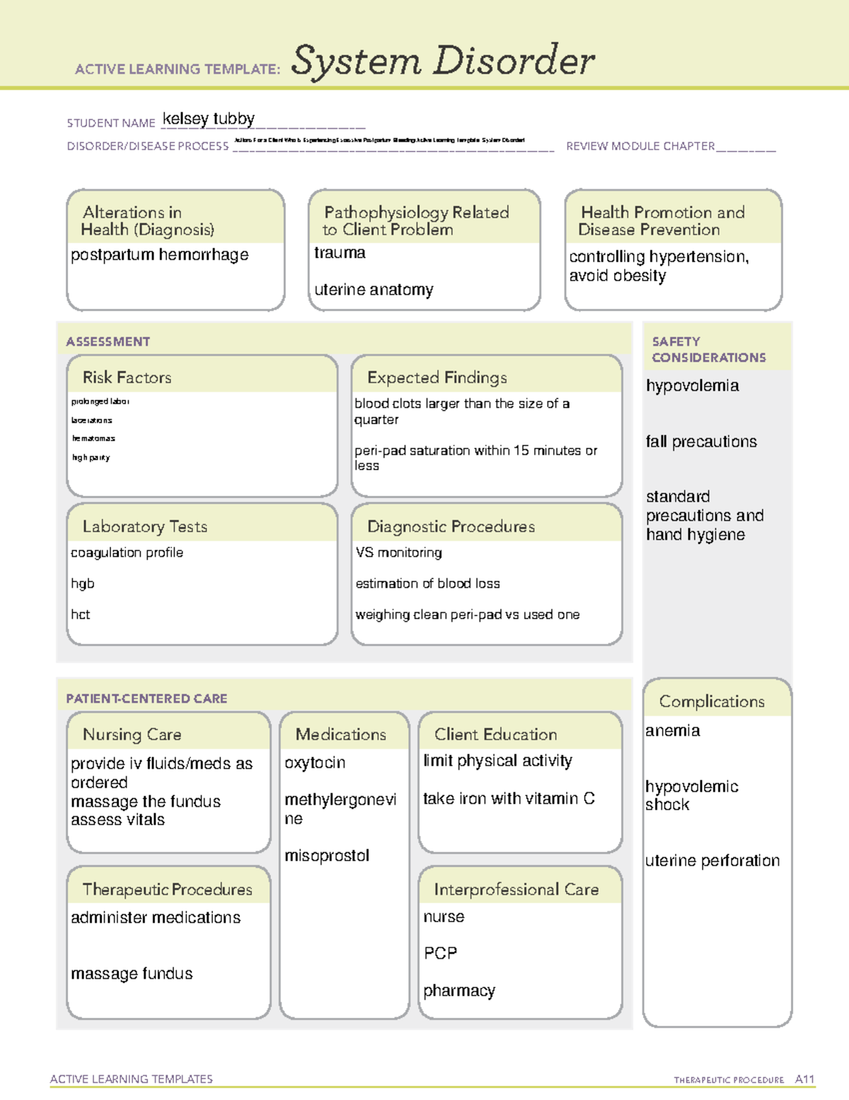 TR12- actions for client experiencing excessive postpartum bleeding ...