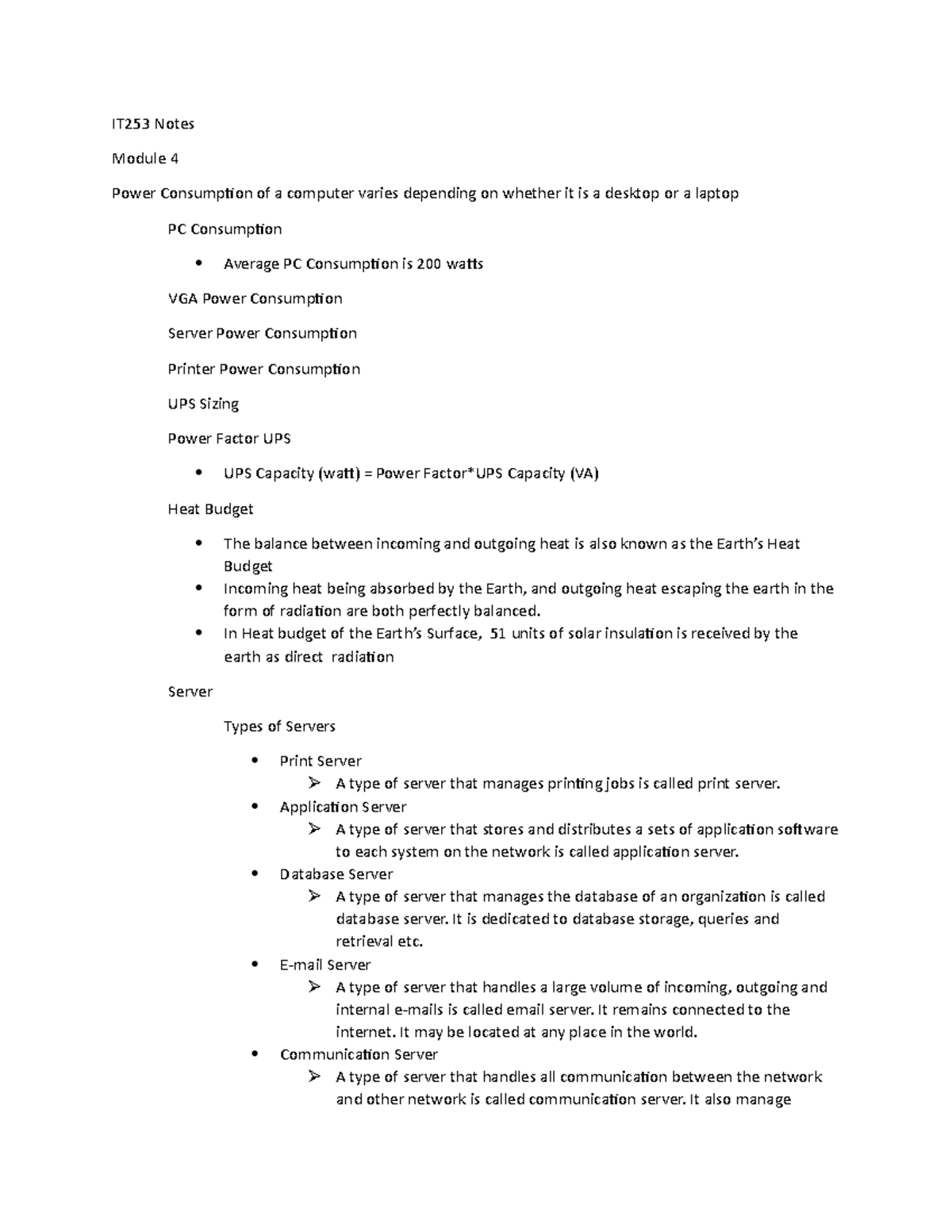 IT253 Note1 - CCNA - IT253 Notes Module 4 Power Consumption of a ...