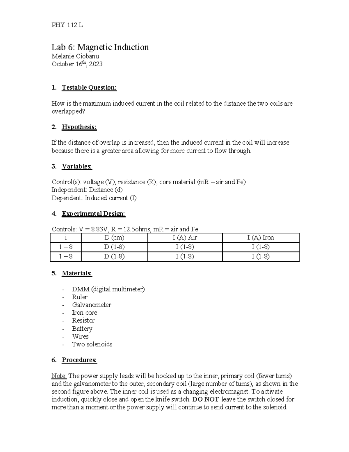 LAB 6 Induction Lab 6 Induction Melanie Ciobanu October 16 th , 2023