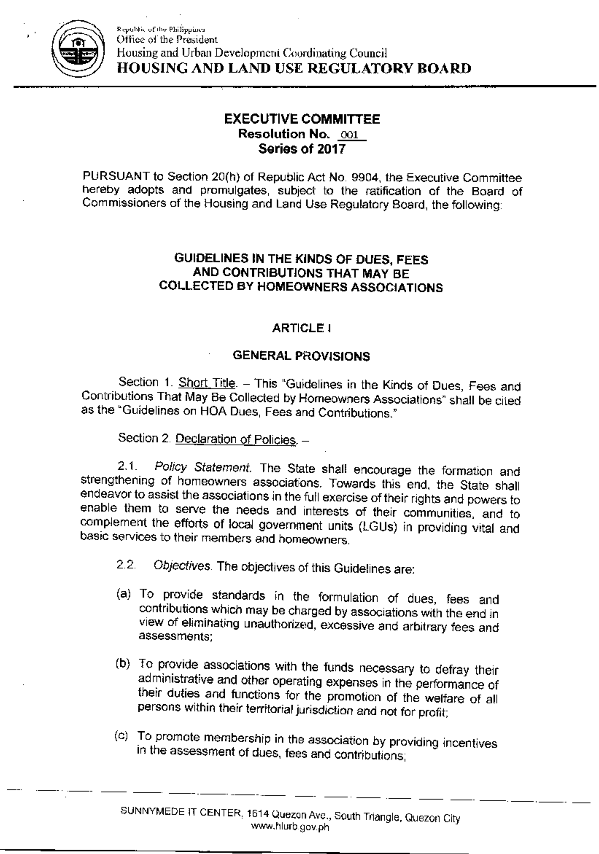 RES NO 001 S2017 HOA Guidelines social science Studocu