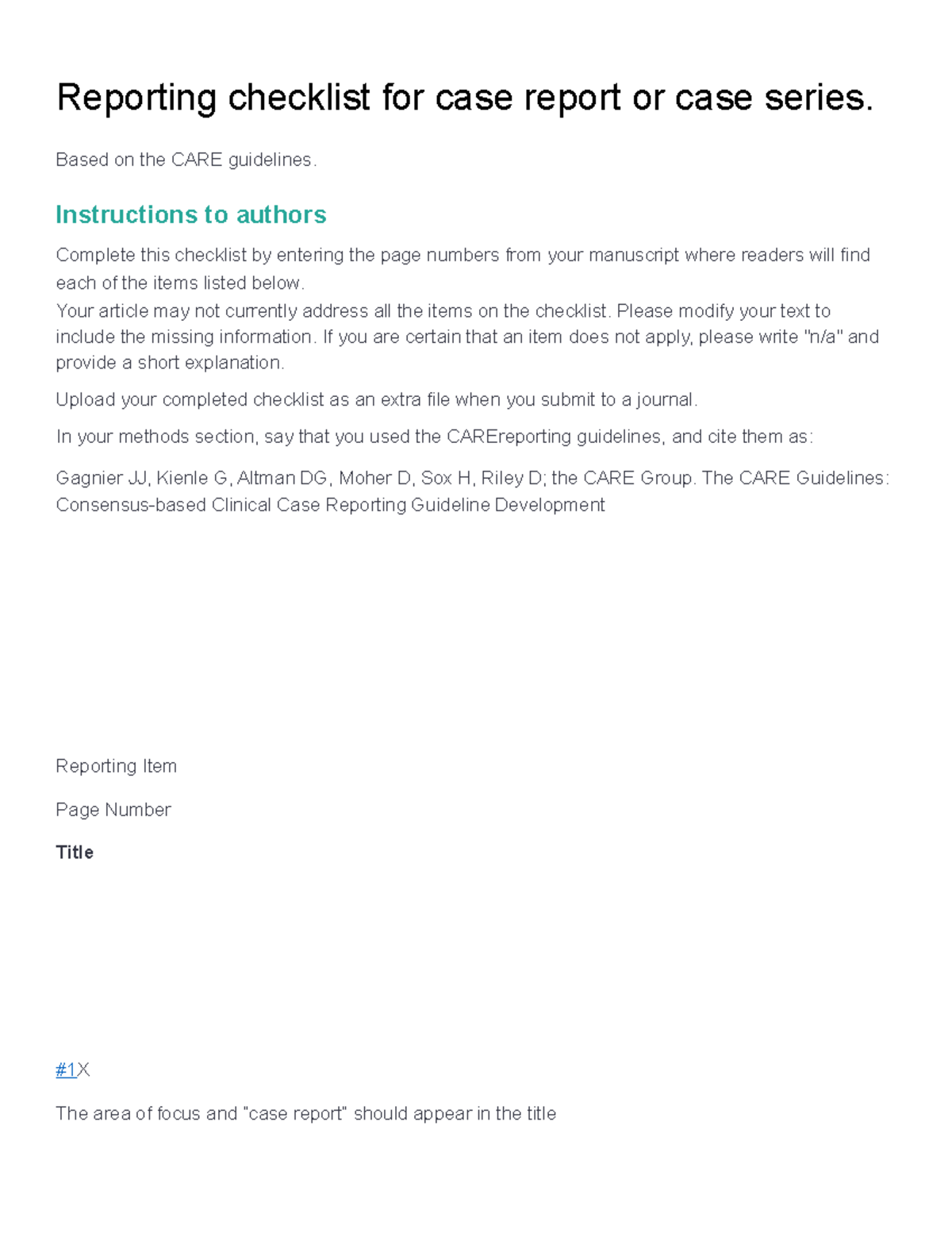 CARE checklist Reporting checklist for case report or case series