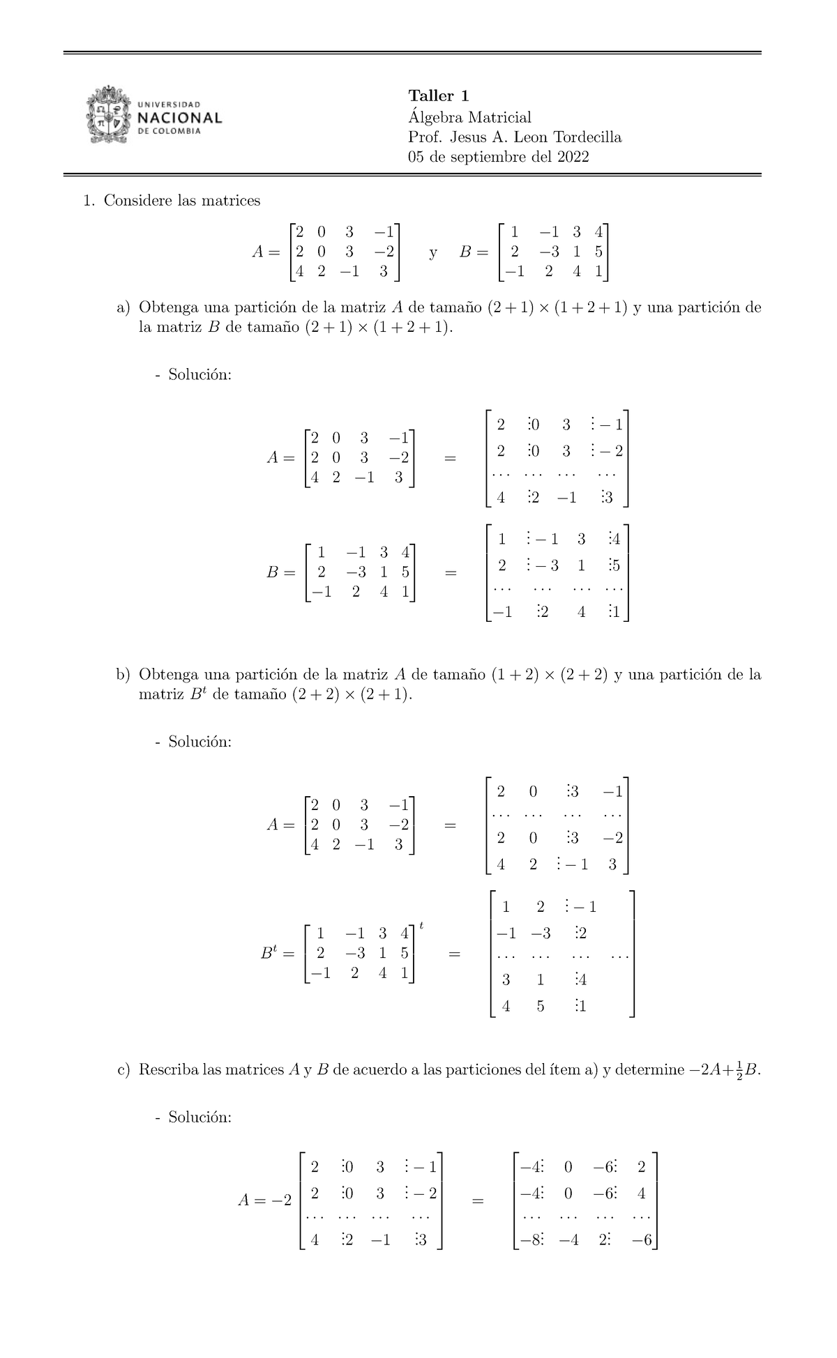 Taller 1 Lgebra Matricial - Jesus A. Leon Tordecilla 05 De Septiembre ...