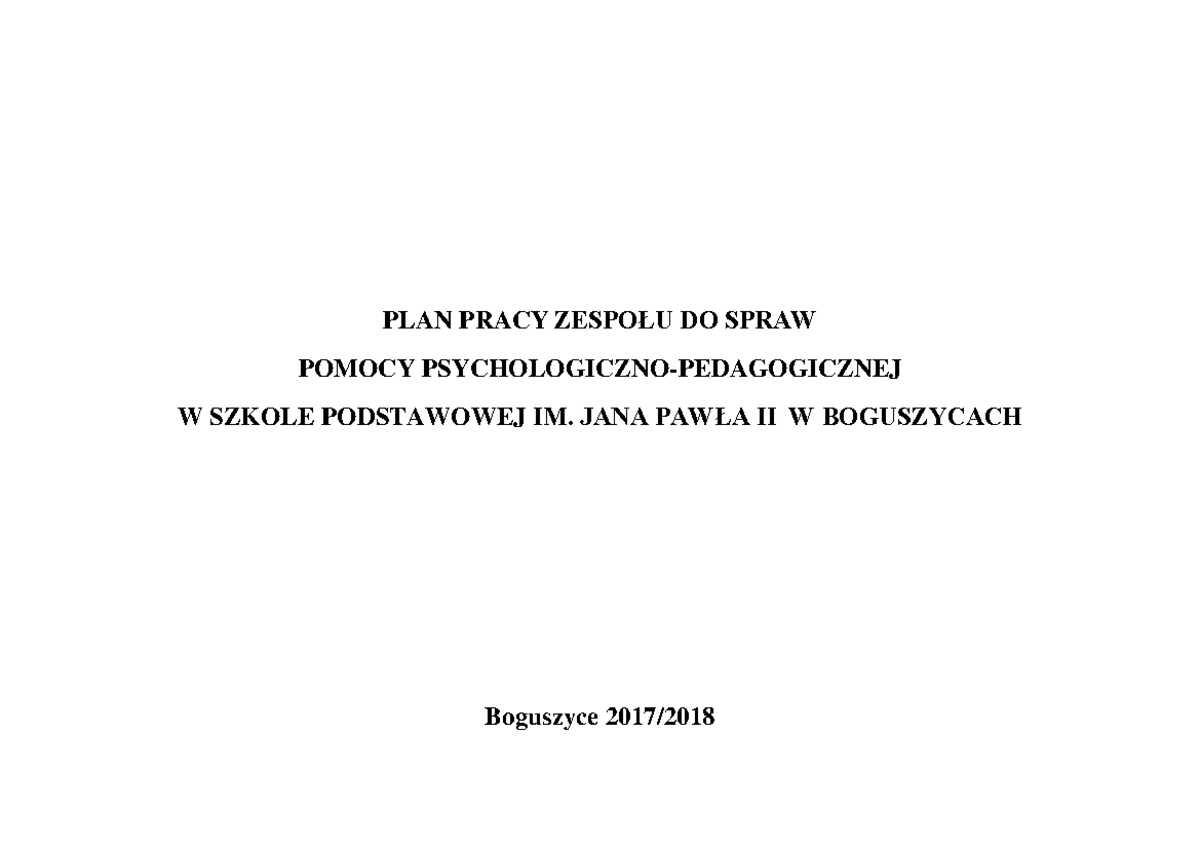 Plan pomocy pp - PLAN PRACY ZESPOŁU DO SPRAW POMOCY PSYCHOLOGICZNO
