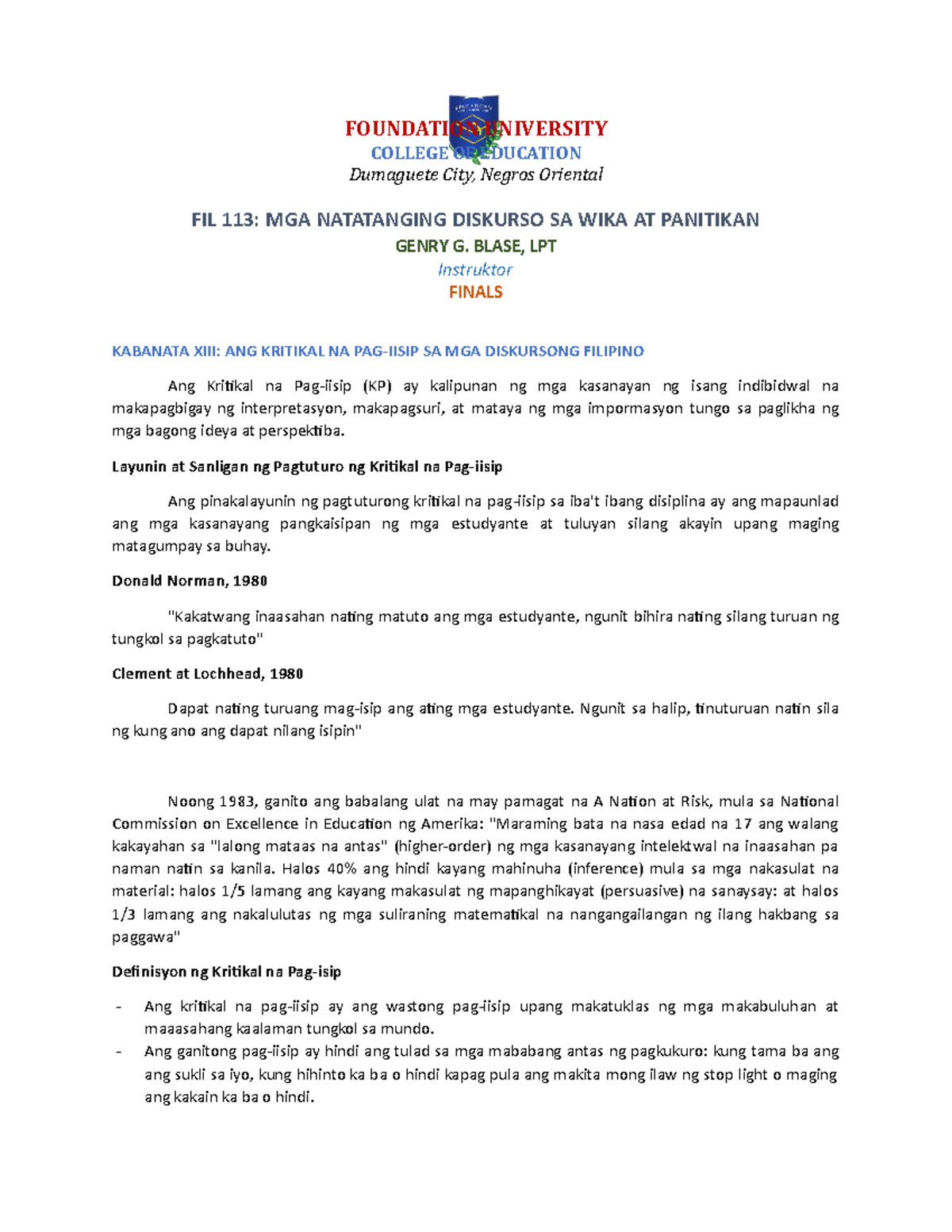 Final Topics - majorship - FOUNDATION UNIVERSITY COLLEGE OF EDUCATION ...