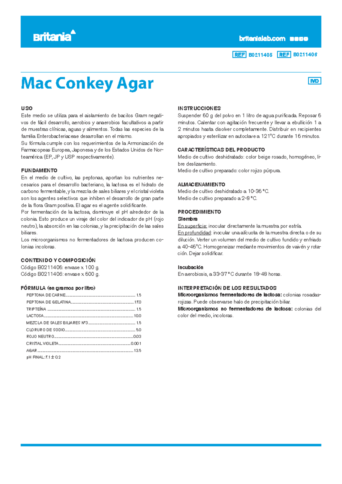 Mac Conkey Agar - INSTRUCCIONES Suspender 50 g del polvo en 1 litro de ...