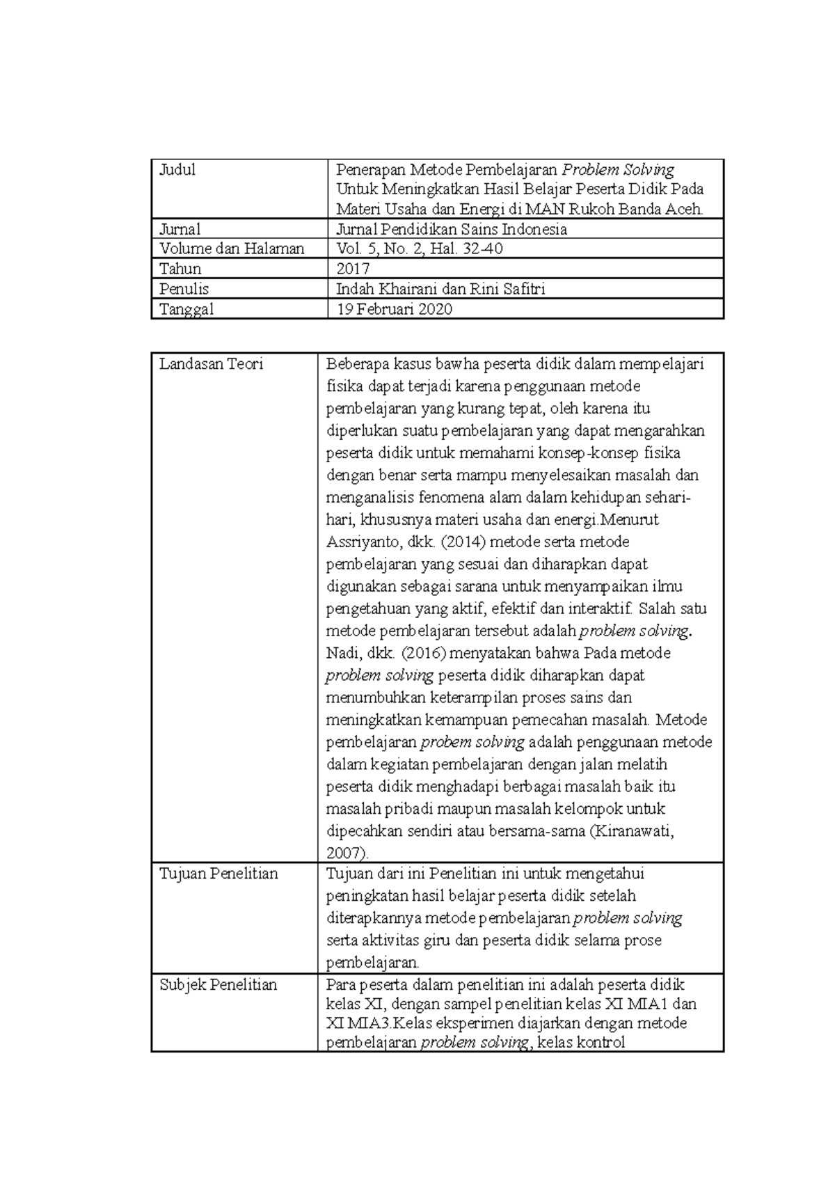 jurnal tentang model pembelajaran problem solving