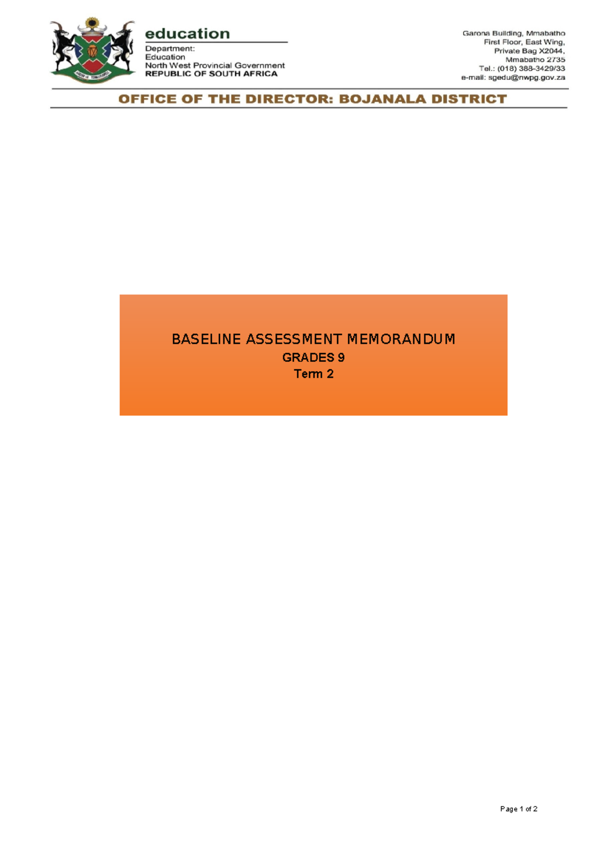 2024 Grade 9 Baseline TERM 2 Memo - Page 1 of 2 BASELINE ASSESSMENT ...