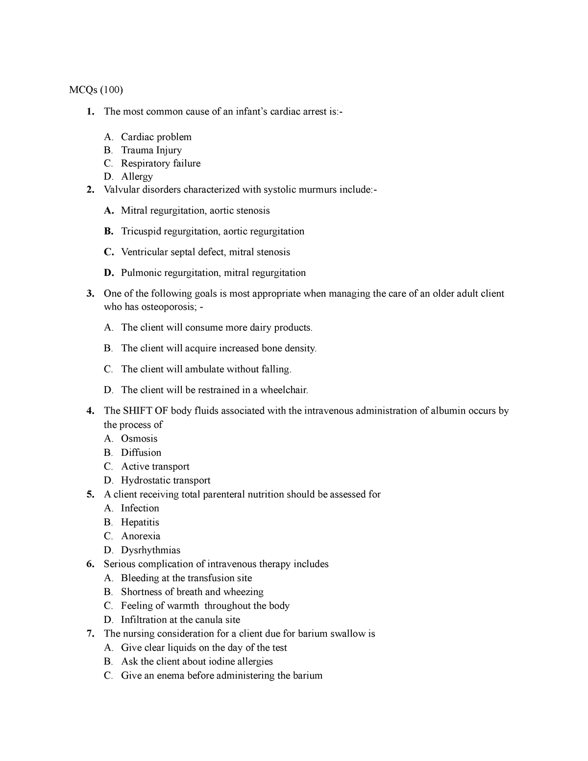 Kyeni - Notes - MCQs (100) The most common cause of an infant’s cardiac ...