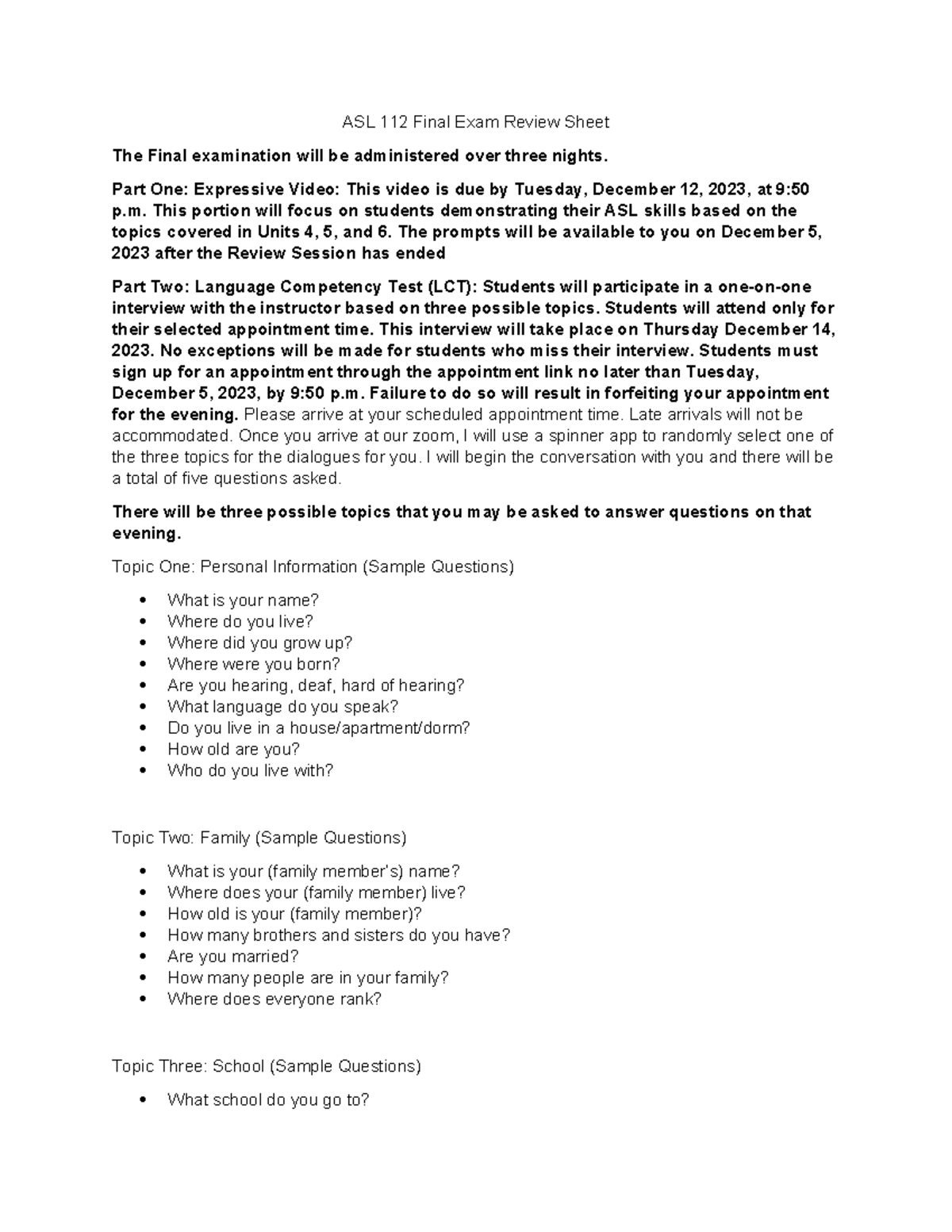 Final FA2023 - Summary Study Of Asl Ed Ling - ASL 112 Final Exam Review ...