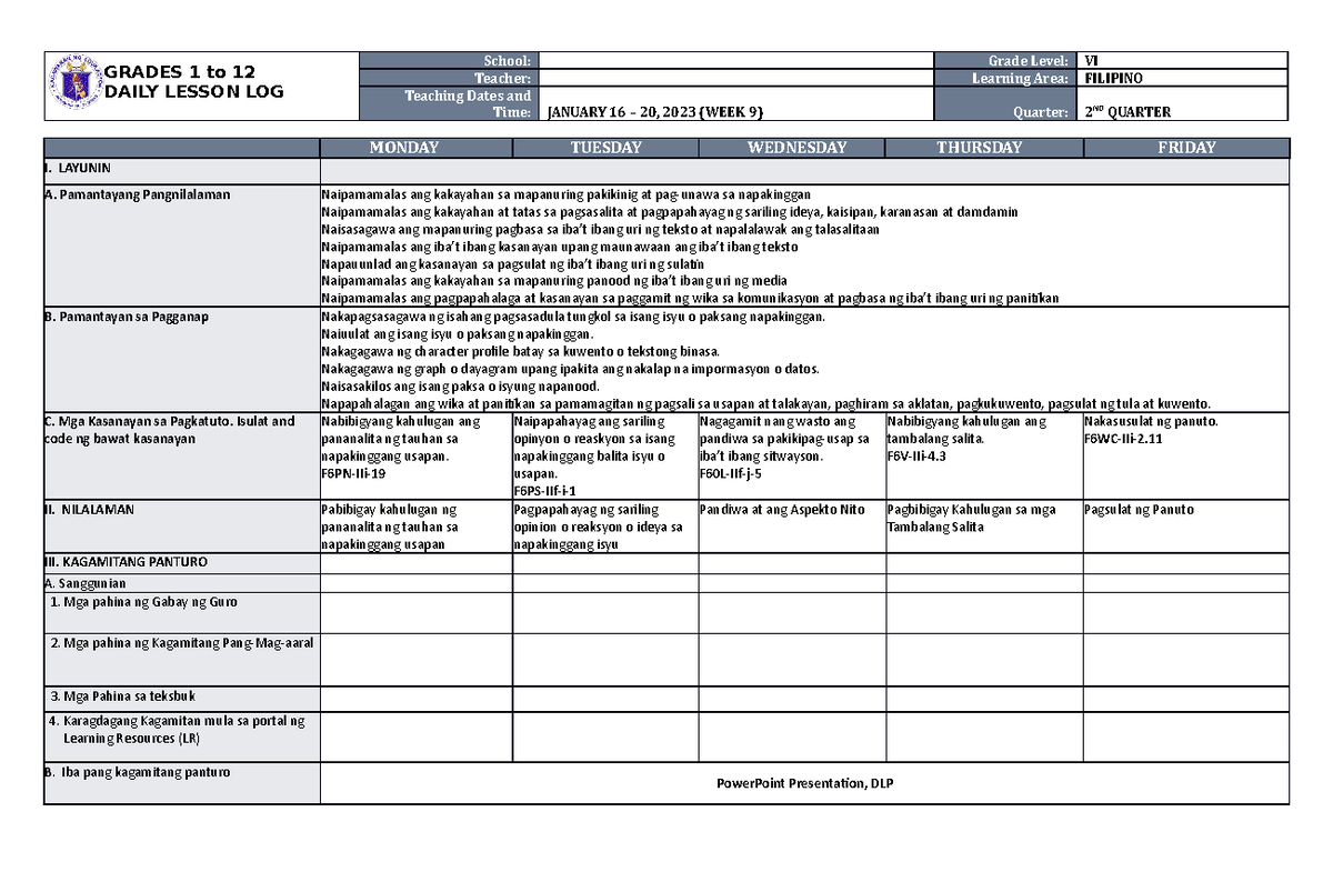 DLL Filipino 6 Q2 W9 - GRADES 1 to 12 DAILY LESSON LOG School: Grade ...
