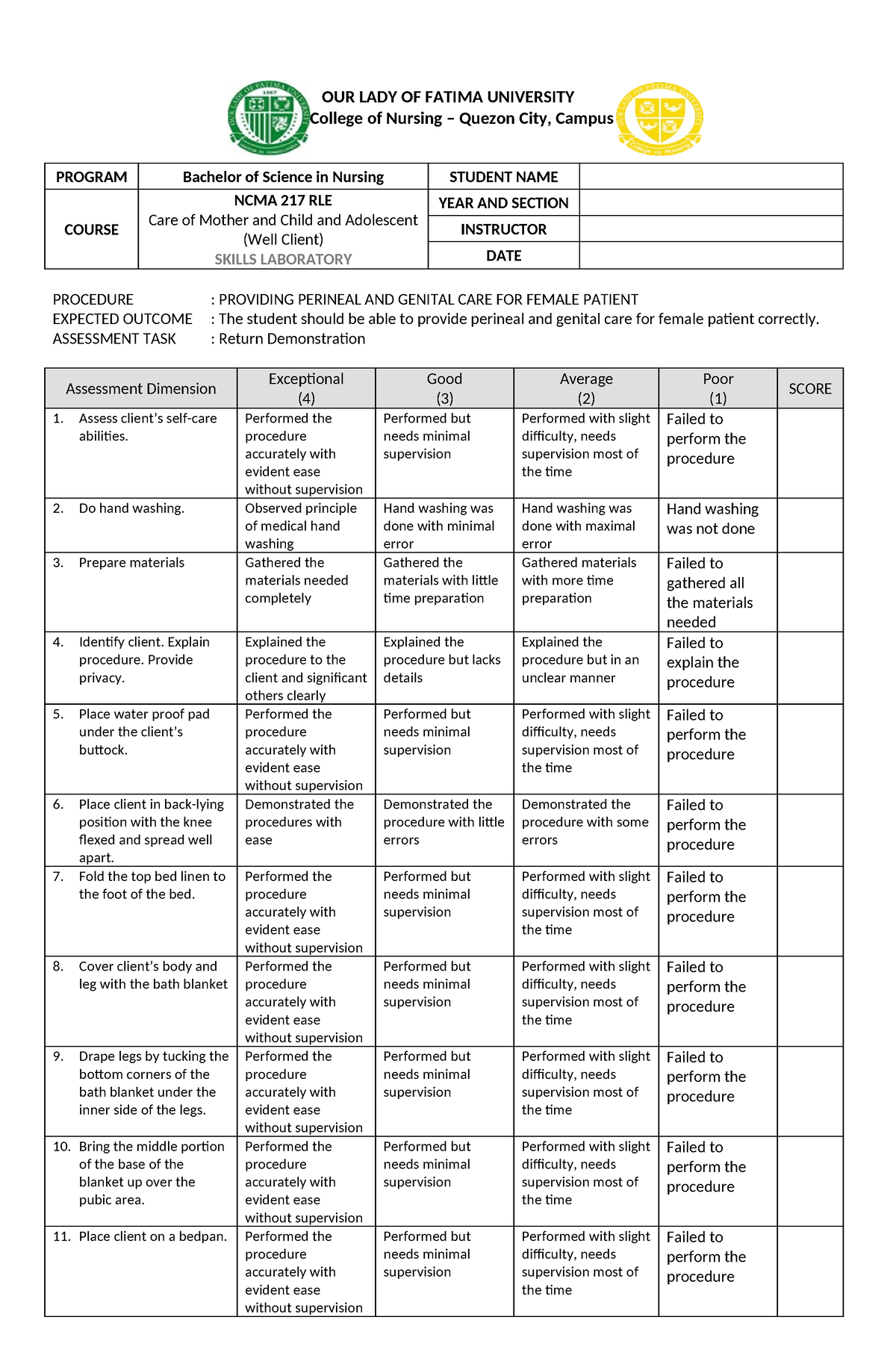 NCMA217 SL Rubrics Providing Perineal AND Genital CARE FOR Female ...