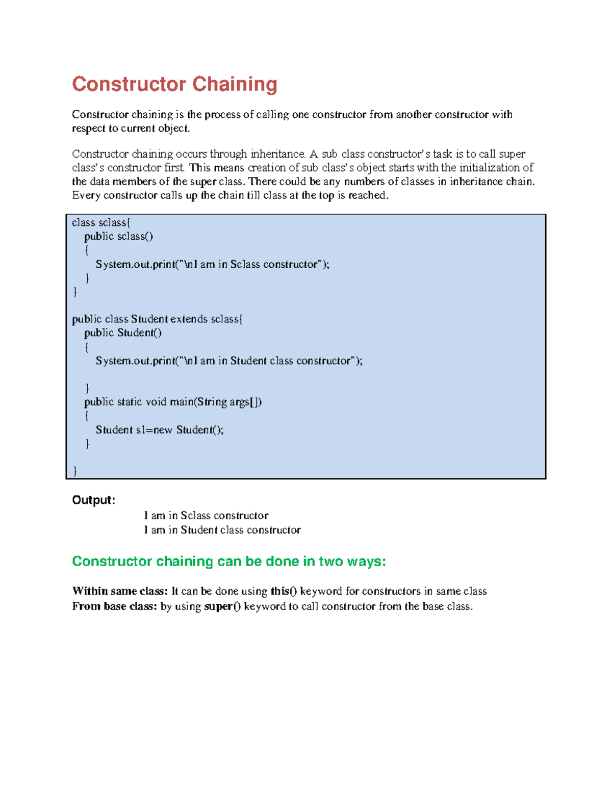 Constructor chaining - Constructor Chaining Constructor chaining is the ...