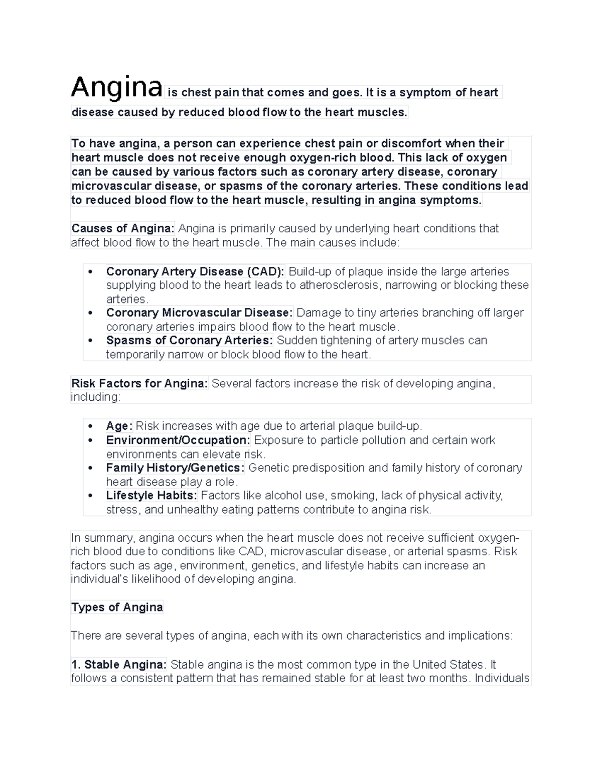 Aaaa Medsurg fffr - Angina is chest pain that comes and goes. It is a ...