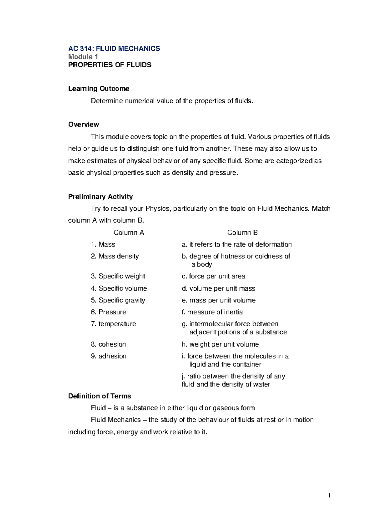 AC 314 Fluid Mech Course Module 1 - AC 314: FLUID MECHANICS Module 1 ...