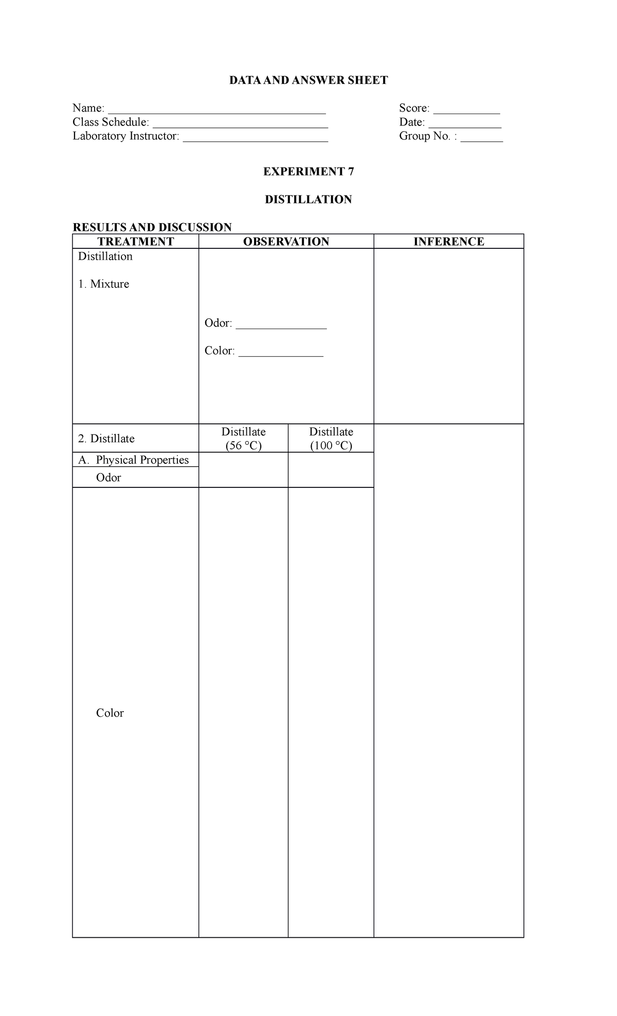 Act. 7(Org)-DATA AND Answer Sheet - DATA AND ANSWER SHEET Name