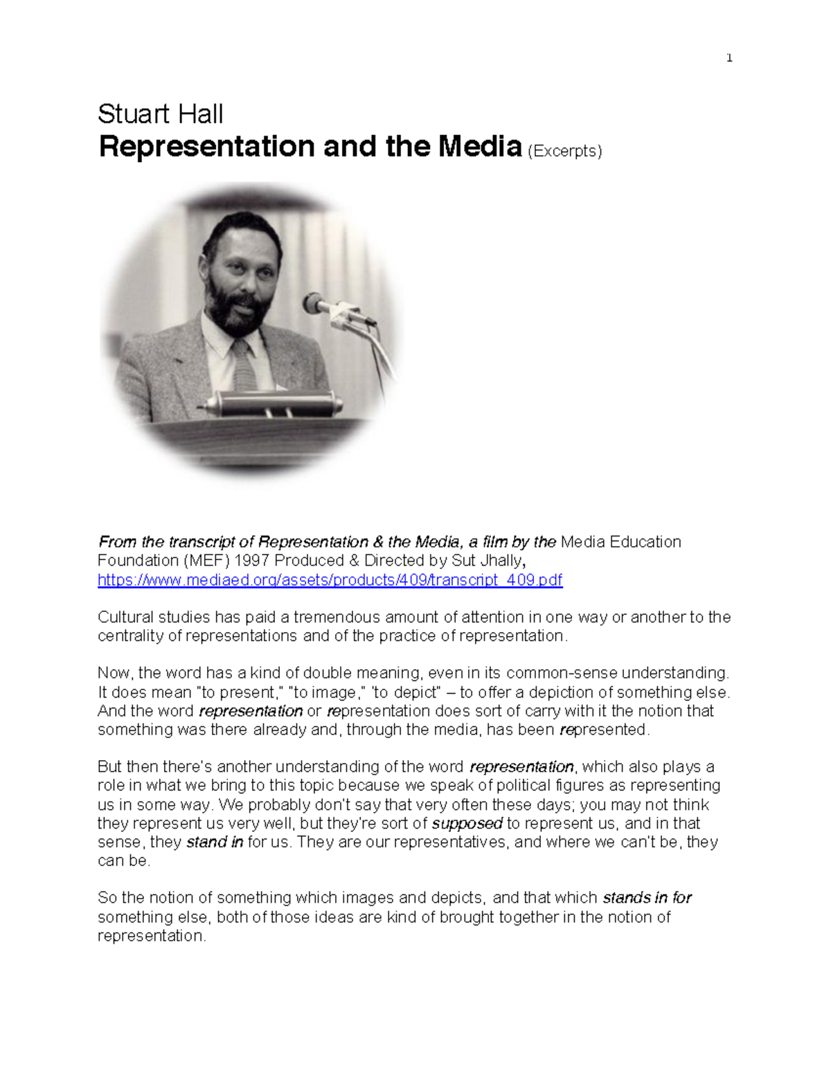 Hall Representation lecture notes 1 Stuart Hall Representation