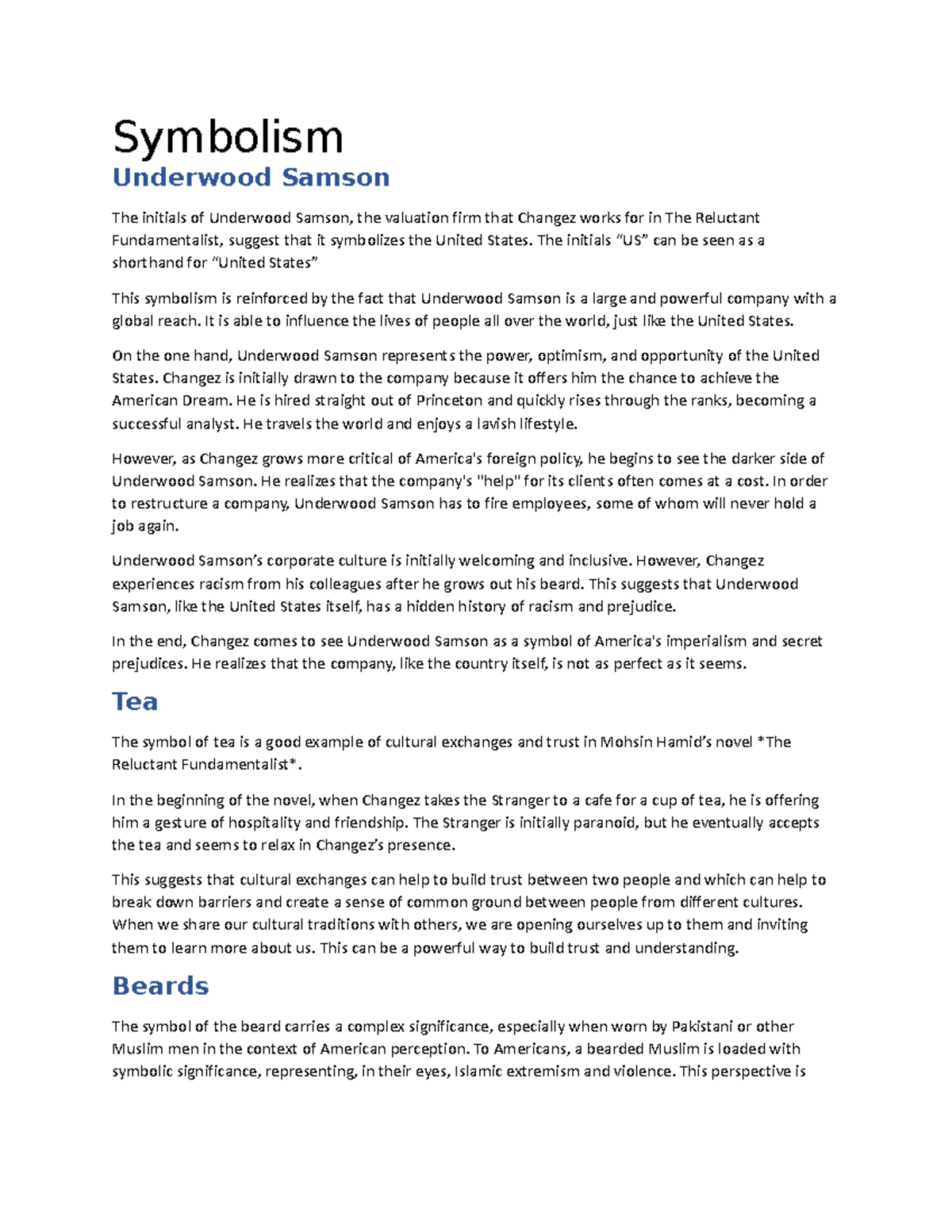 Symbolism in Reluctant Fundamentalist Symbolism Underwood Samson The