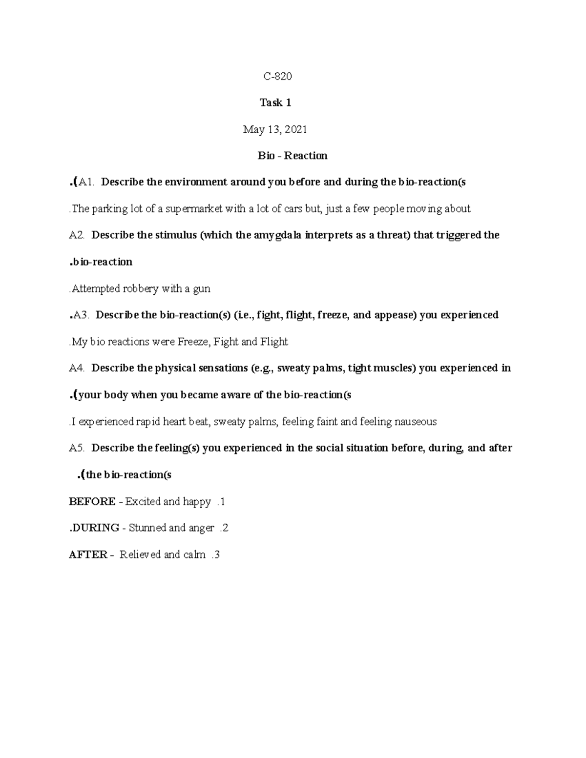 Task 1 of C820. Revised 5:13 - C- Task 1 May 13, 2021 Bio - Reaction ...
