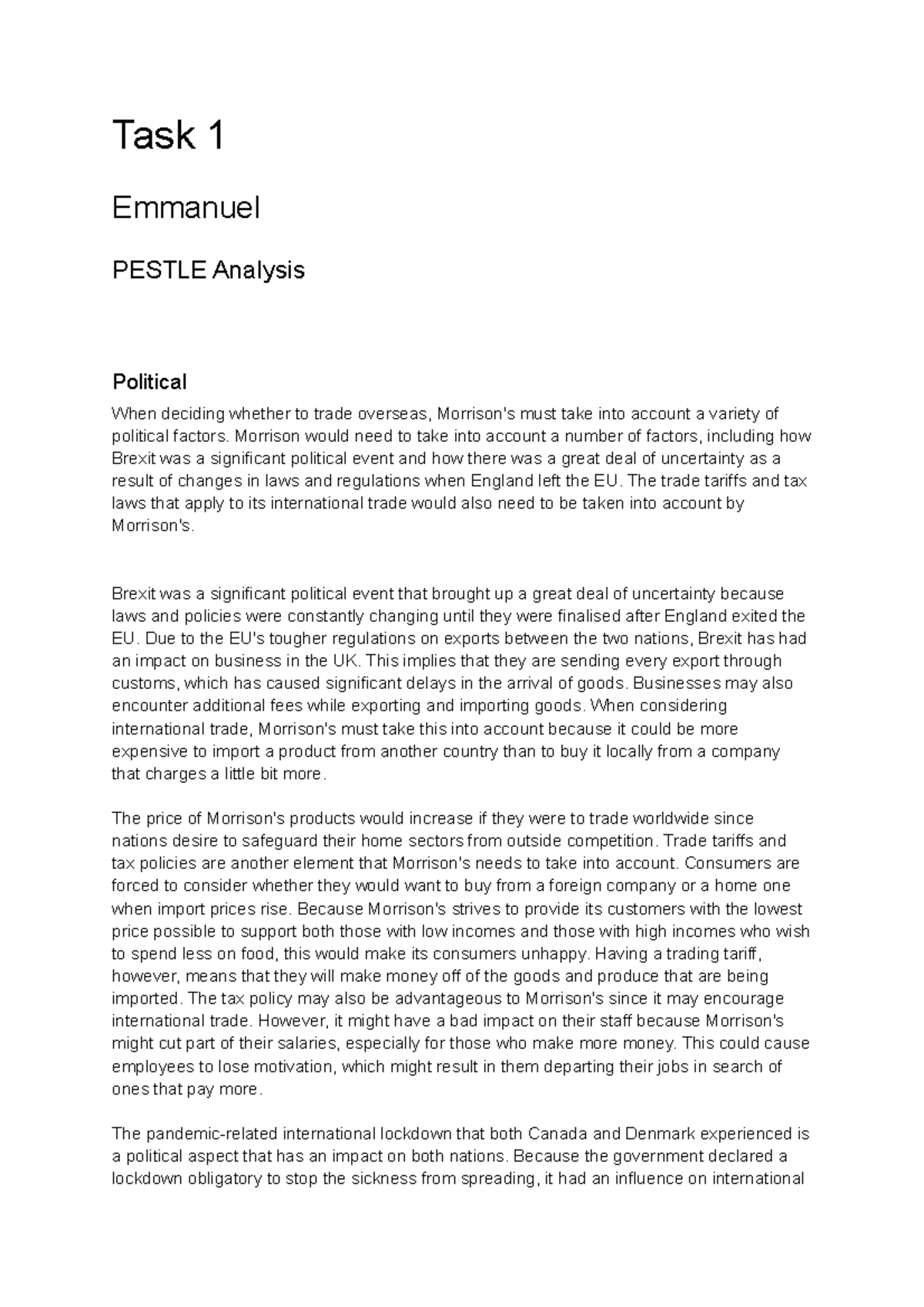 Unit 5 assignment 3 - Distinction - Task 1 Emmanuel PESTLE Analysis ...