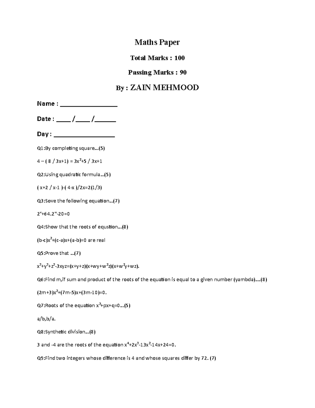 Maths paper of rida lecture notes 2 maths paper total marks 100 