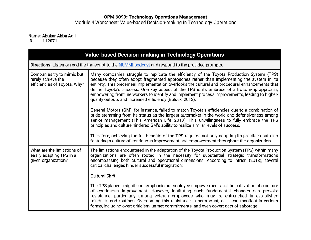 OPM 6090 Module 4 Worksheet-1 submission by AAA - Module 4 Worksheet ...