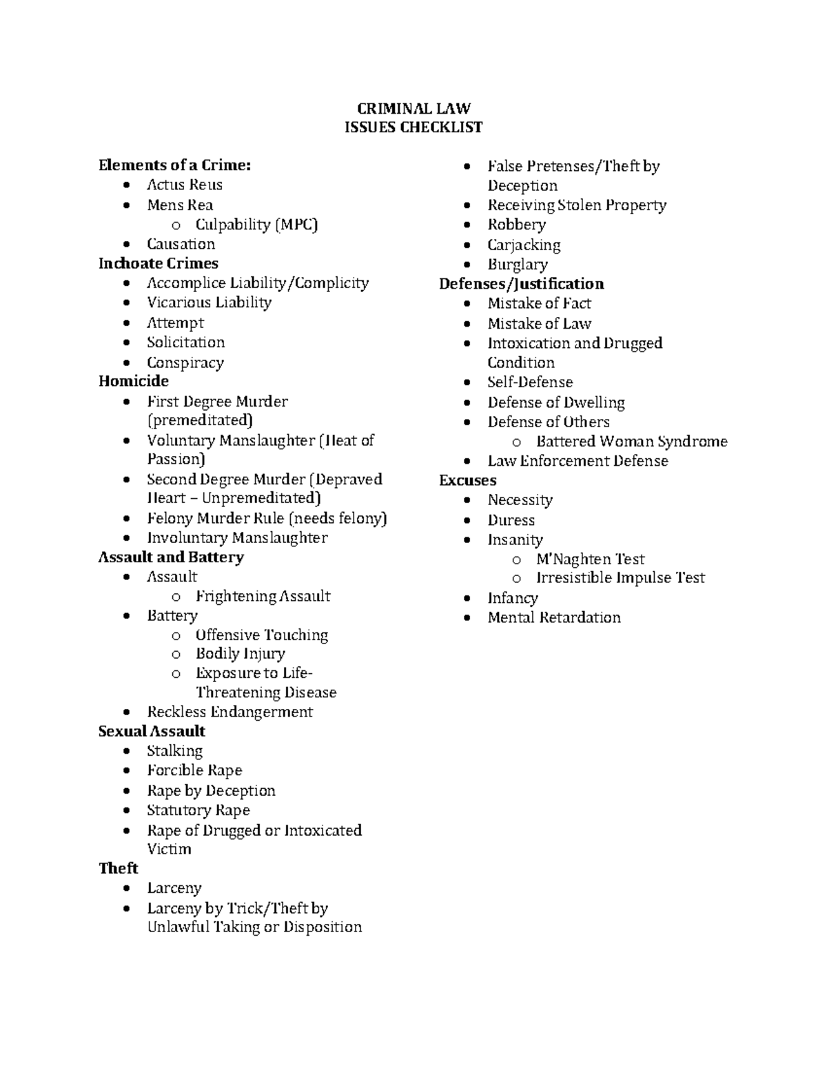 Criminal LAW - Issues Checklist - CRIMINAL LAW ISSUES CHECKLIST ...