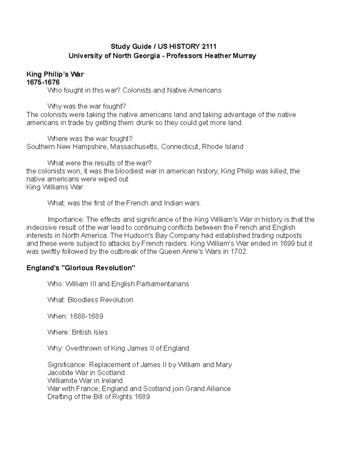 Study Guide US History 2111 Study Guide / US HISTORY 2111 University