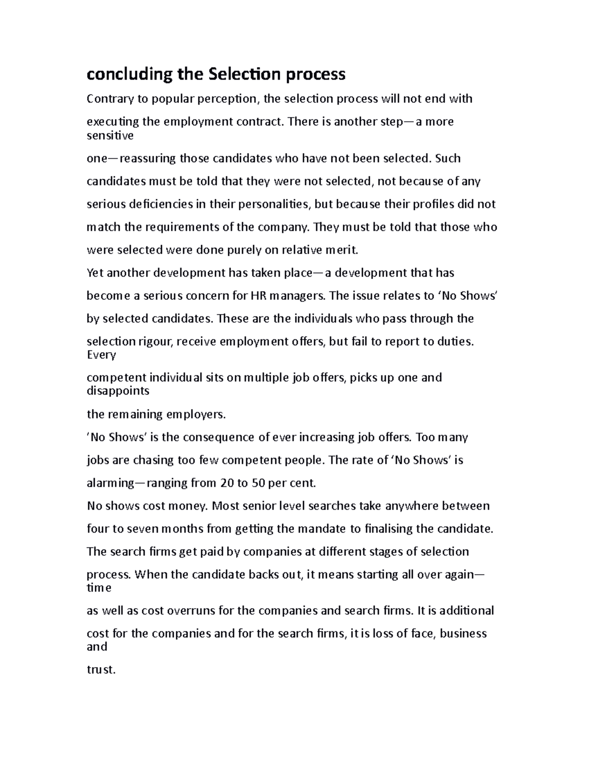 Concluding the Selection process notes - concluding the Selection ...