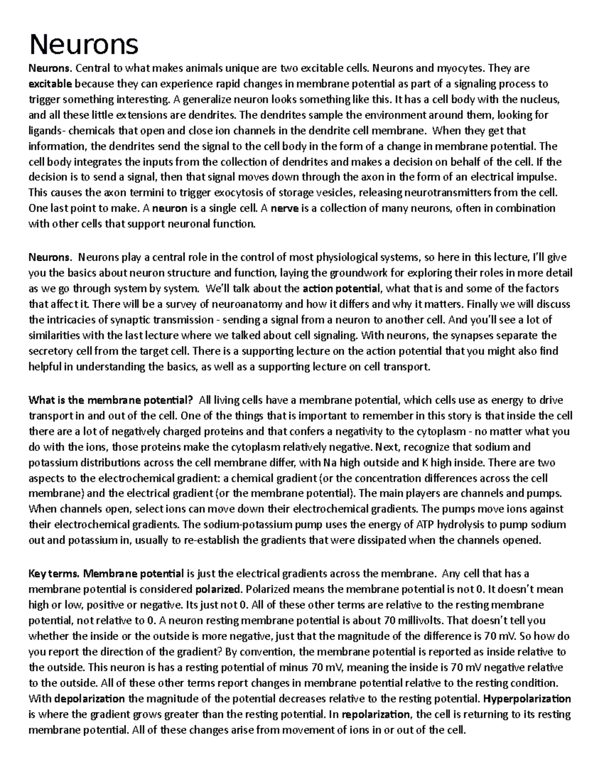 12 neurons transcript - notes - Neurons Neurons. Central to what makes ...