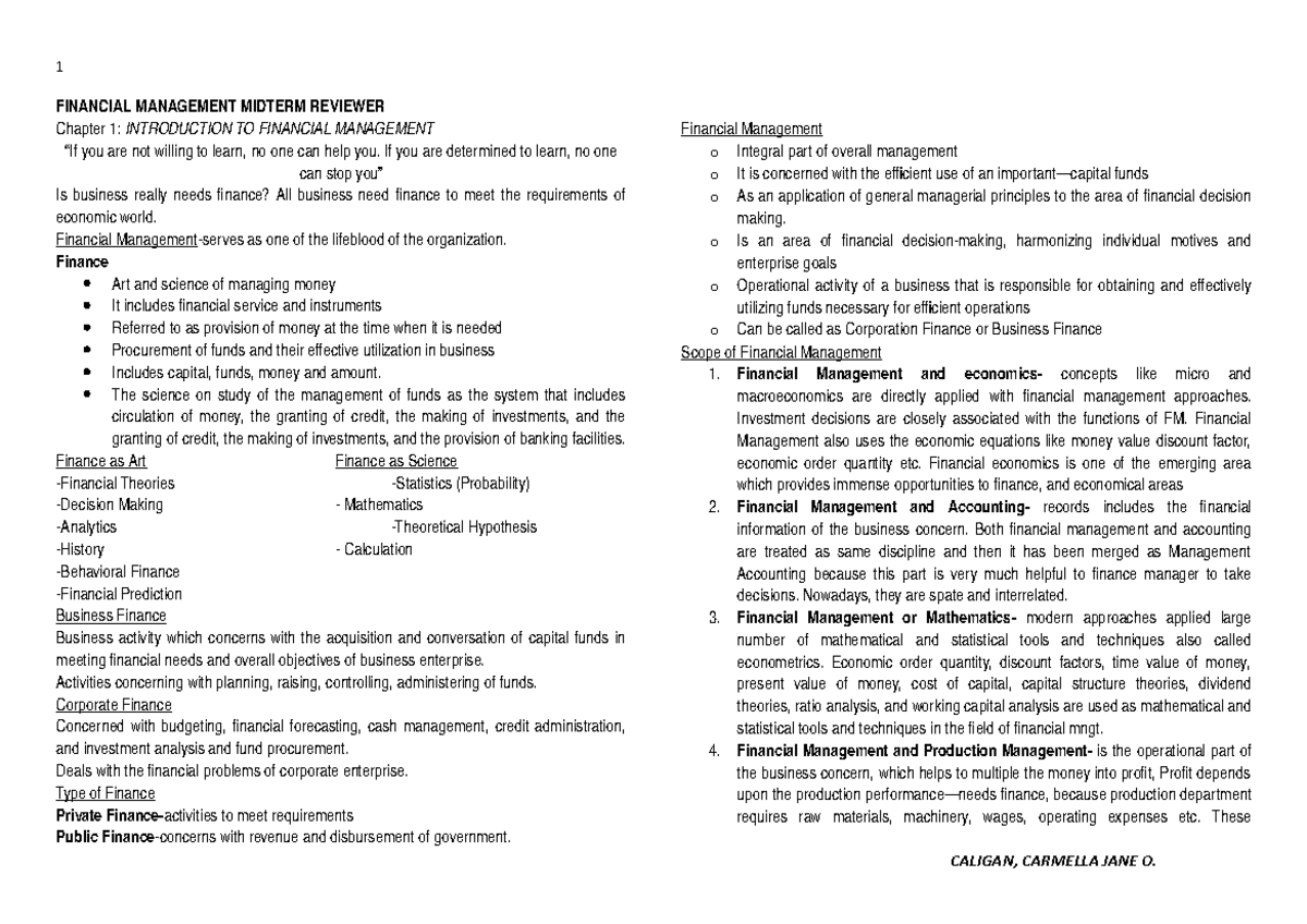 Financial Management Midterm Reviewer - FINANCIAL MANAGEMENT MIDTERM ...