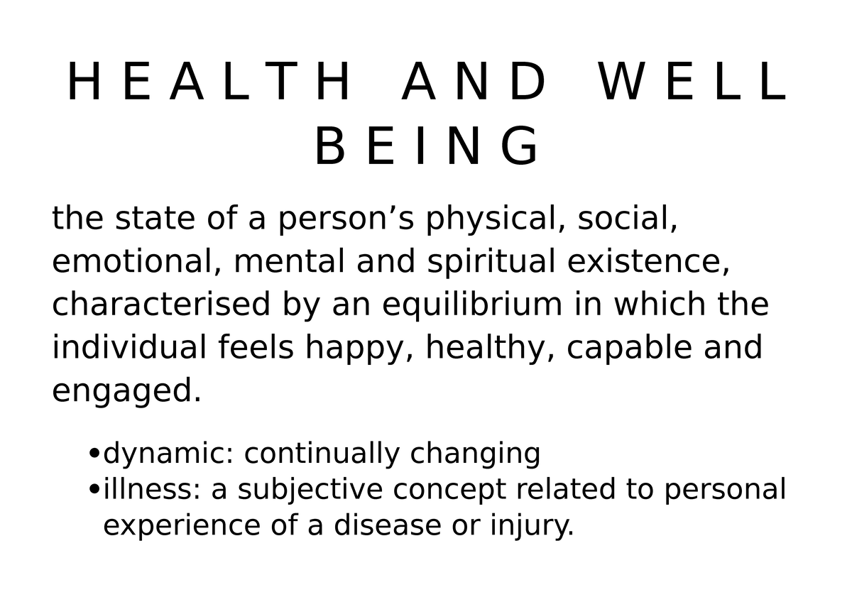 Definition charts Notes H E A L T H A N D W E L L B E I N G the