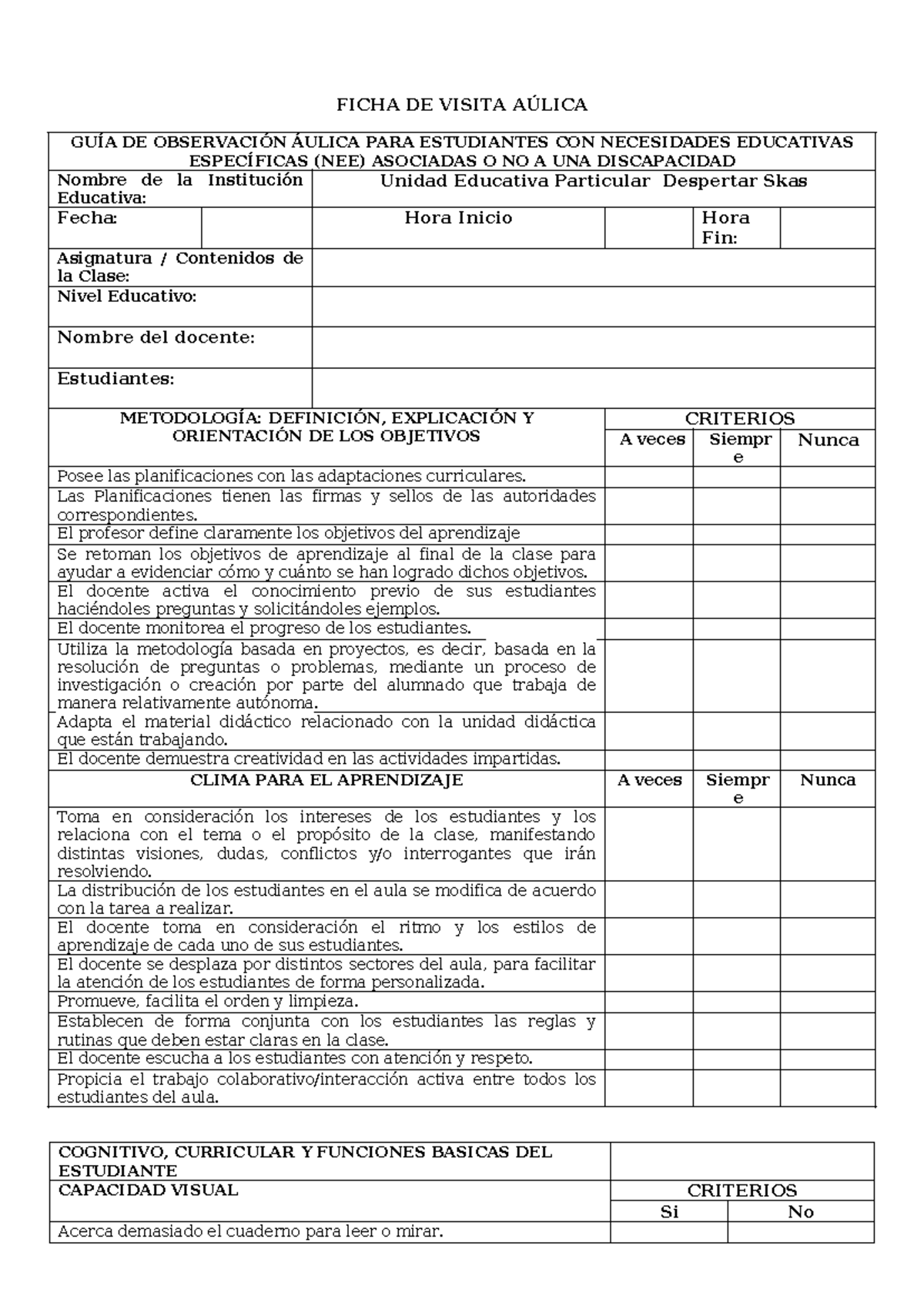 Ficha DE Observacion Aúlica - FICHA DE VISITA AÚLICA GUÍA DE ...