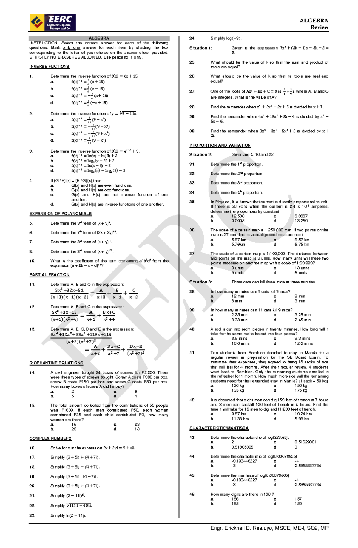 2022-Algebra-1-2 - ALGEBRA Review Engr. Erickneil D. Realuyo, MSCE, ME ...