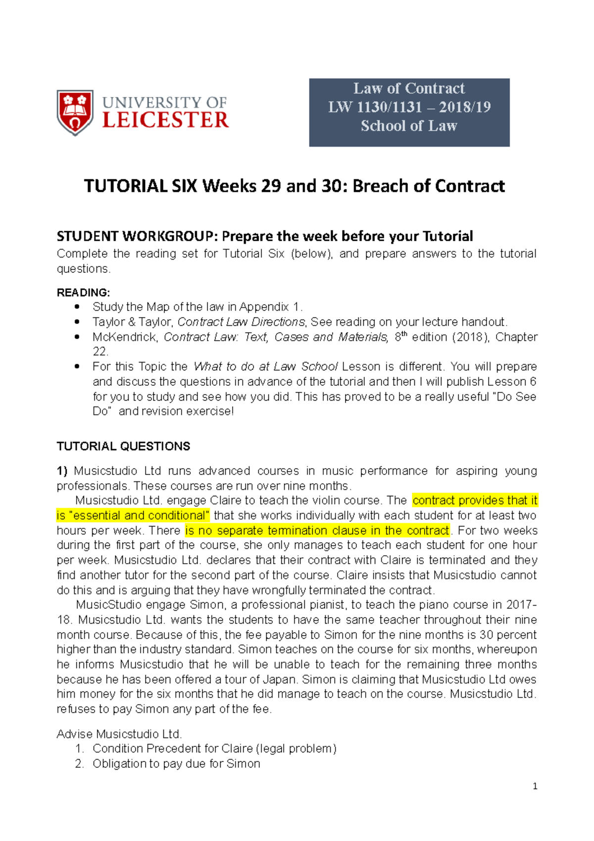 Tutorial Contract Law - Law Of Contract LW 1130/1131 – 2018/ School Of ...