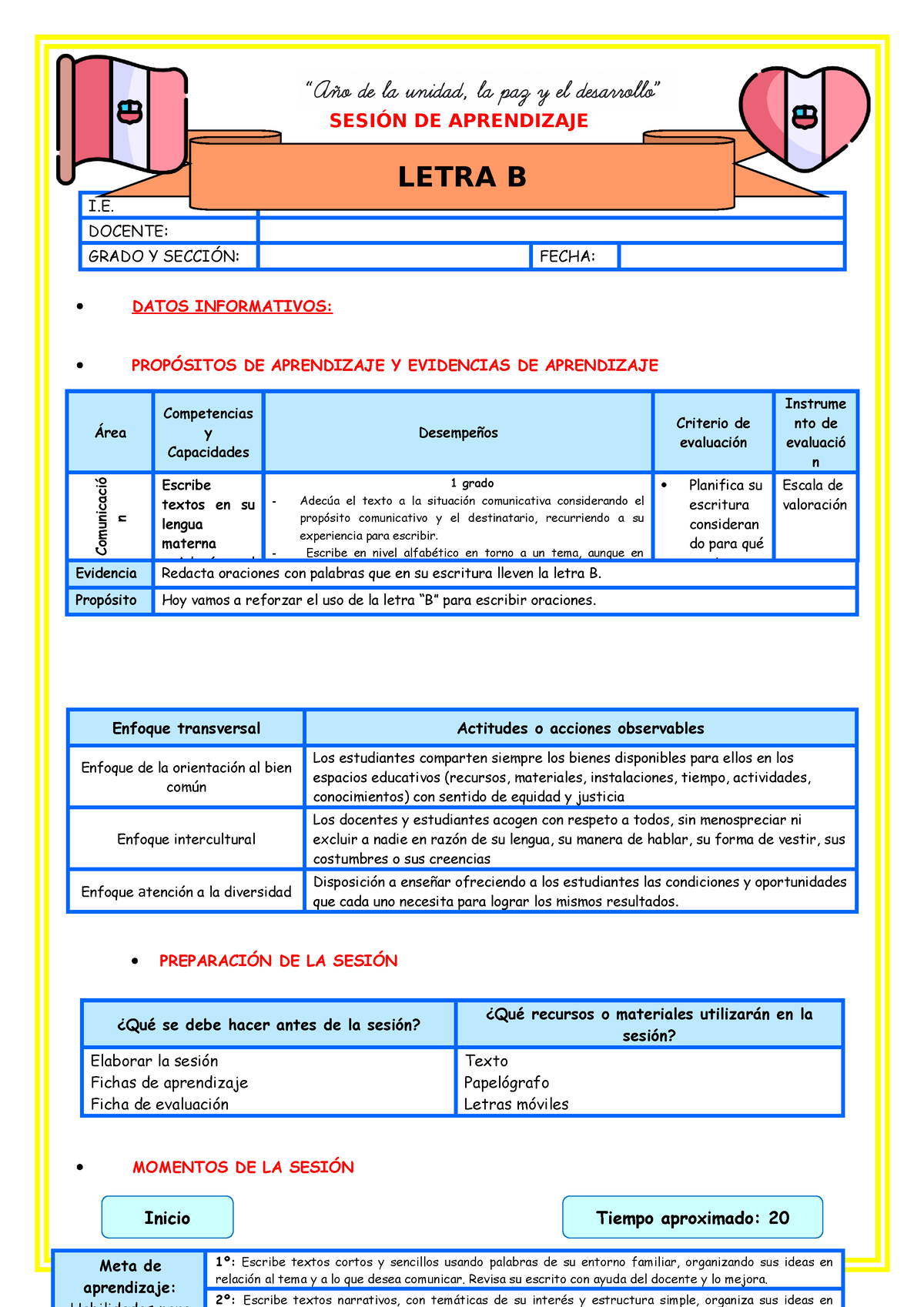 Adicional Sesión- Letra B - SESIÓN DE APRENDIZAJE I. DOCENTE: GRADO Y ...