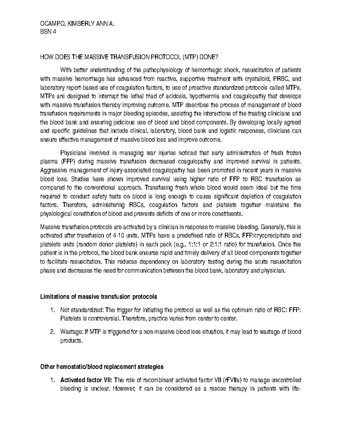 MTP - Lecture notes 1 - OCAMPO, KIMBERLY ANN A. BSN 4 HOW DOES THE ...