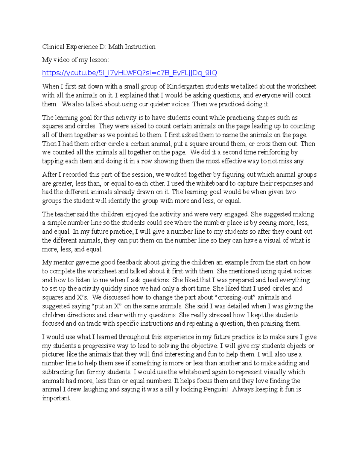 455 Feild Exper D Clinical Experience D Math Instruction My video of