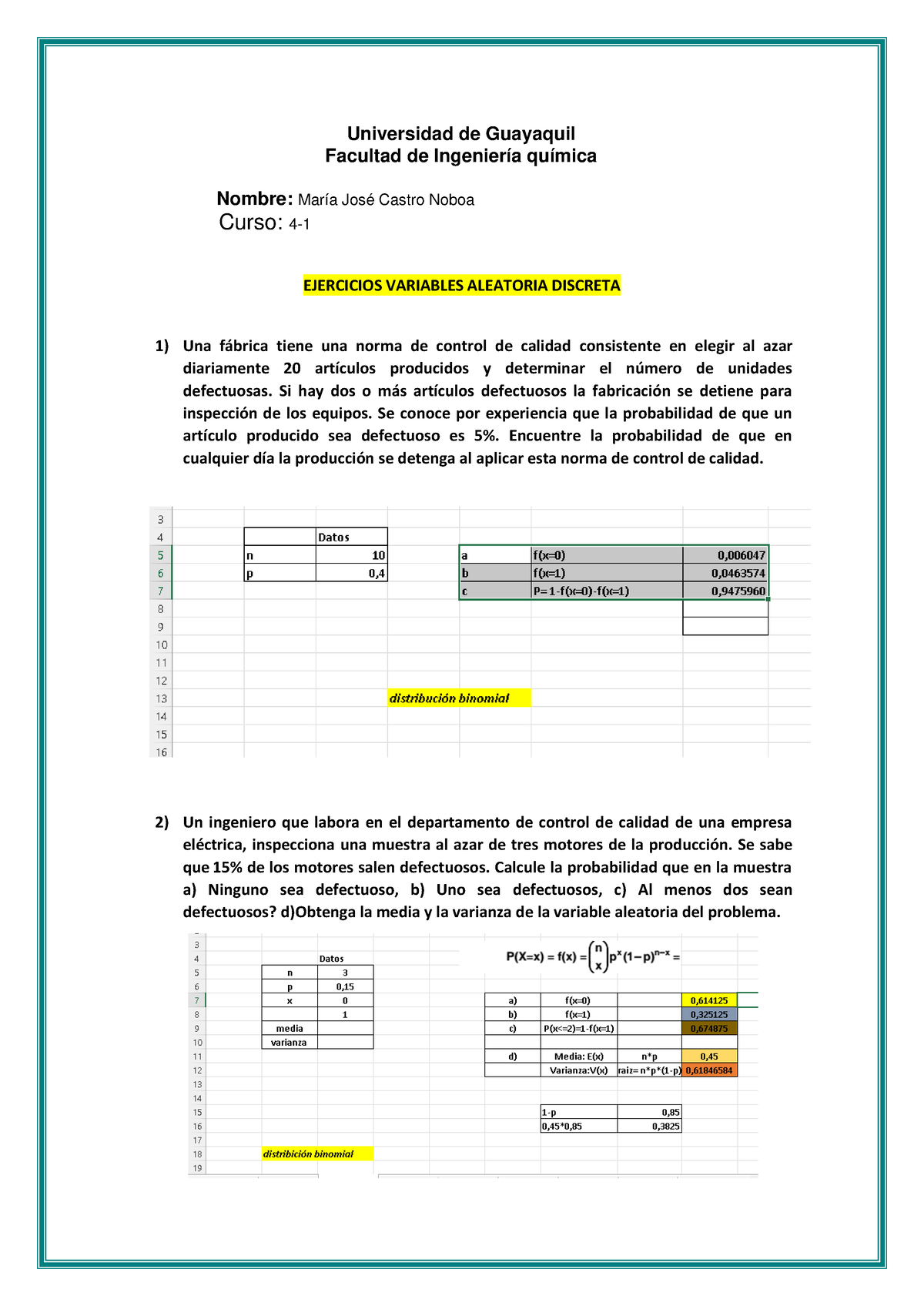 Ejercicios De Variables Aleatorias Discretas Mar A Jos Castro Noboa Universidad De