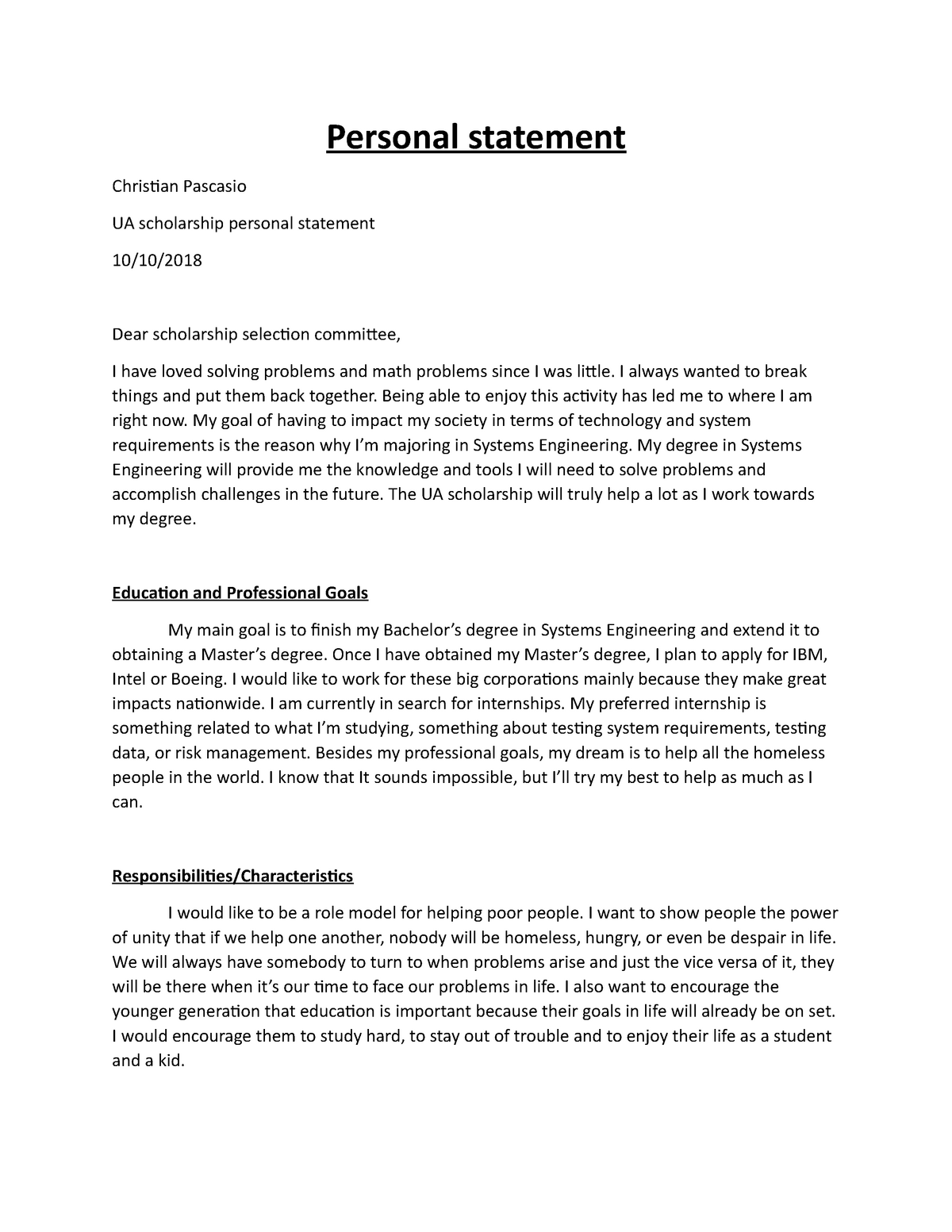 what is a personal statement for a scholarship application