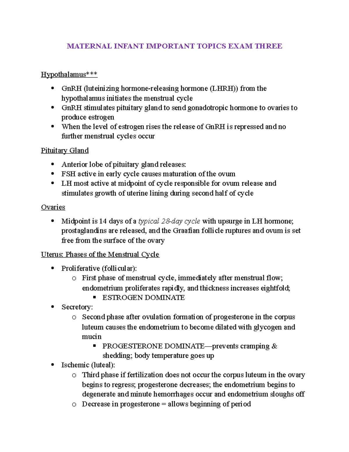 Exam 3 Key Topics - MATERNAL INFANT IMPORTANT TOPICS EXAM THREE ...
