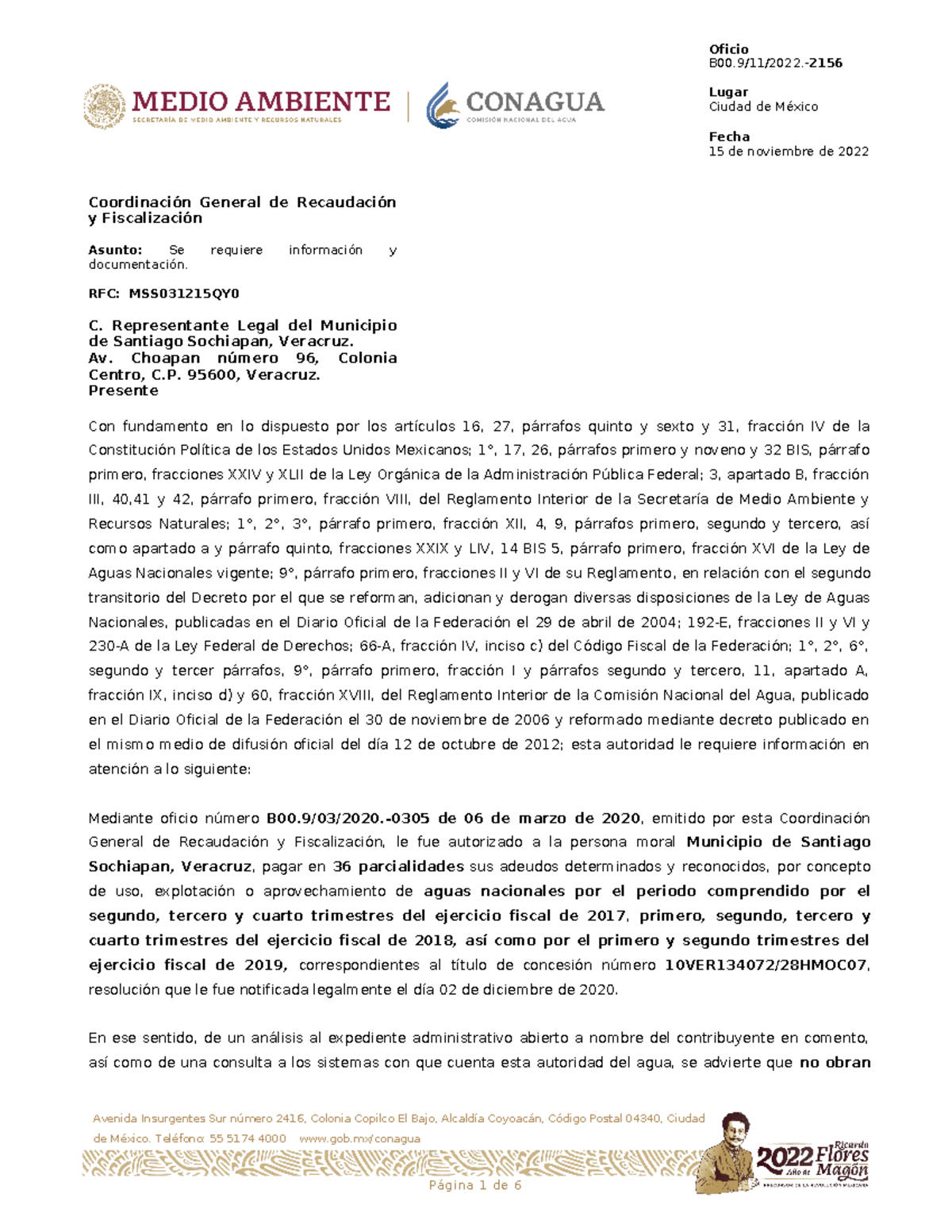 Req del Municipio de Santiago Sochiapan Ver B00/11/2022. 2156 Lugar