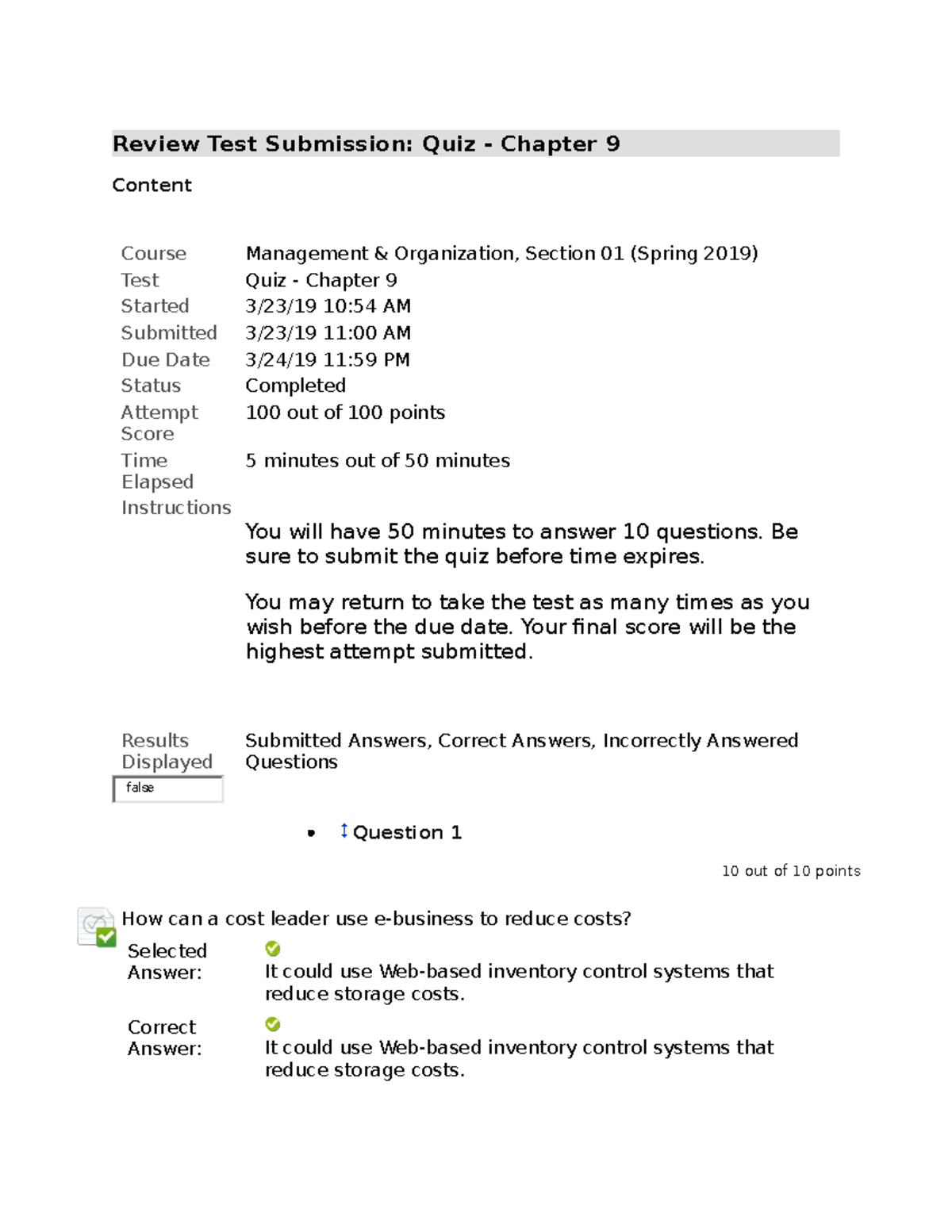 Management And Organization Chapter 9 Review Test Submission Quiz 100